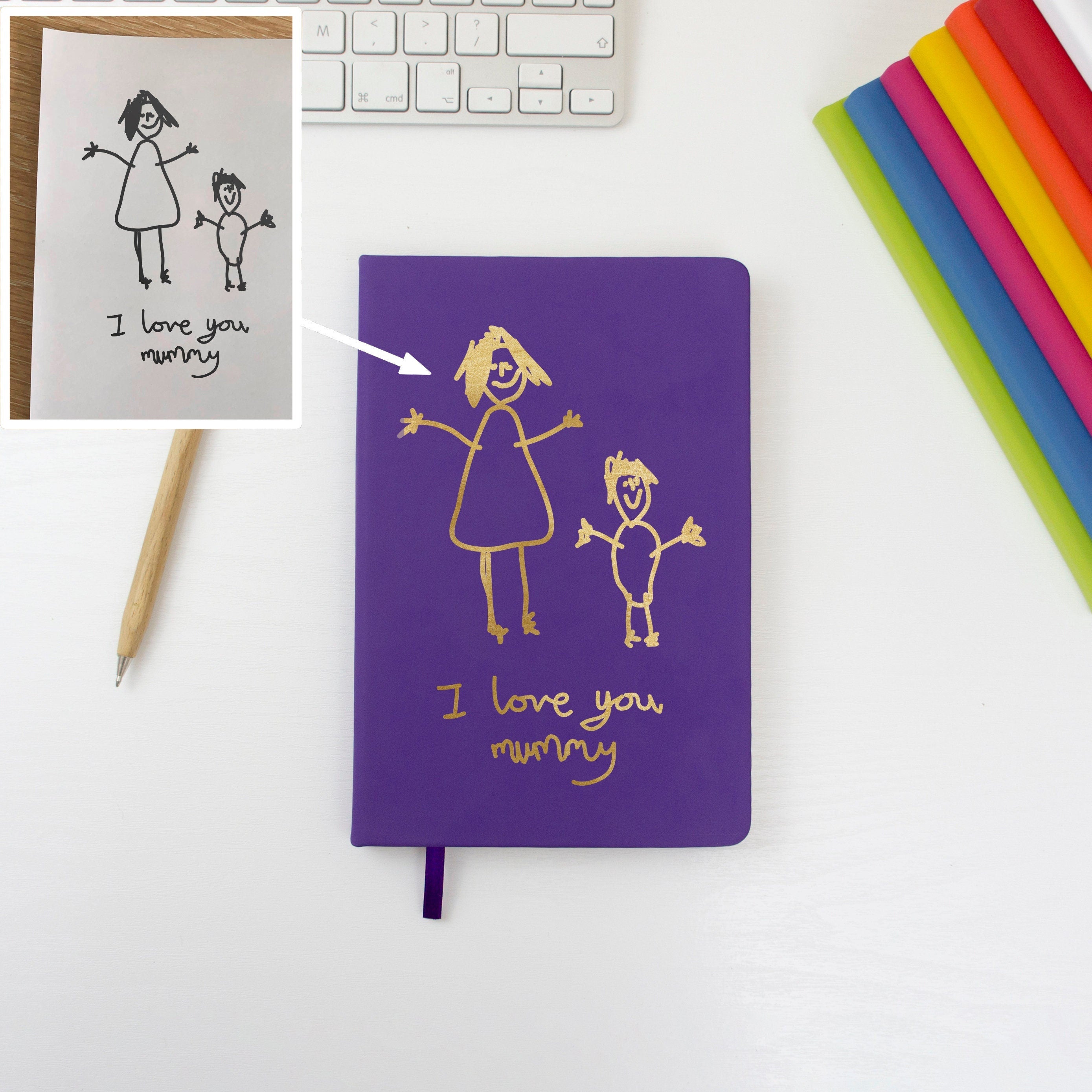 Notebook printed with child's drawing or artwork of mummy. Gift for Mother's Day