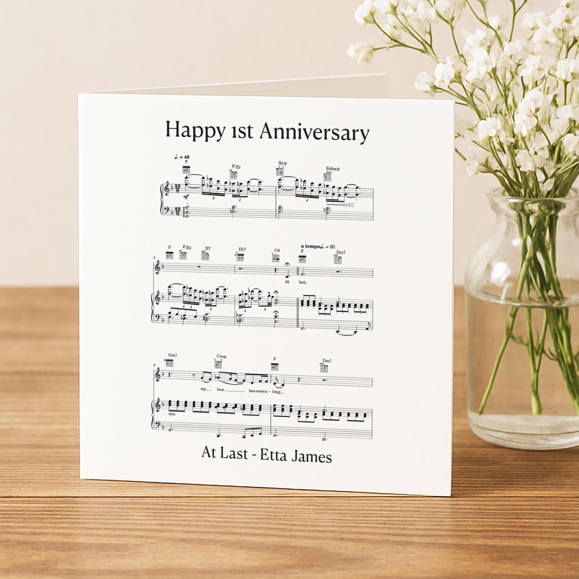 Personalised anniversary card for husband or wife with sheet music of first dance song Happy paper anniversary boyfriend girlfriend 1st