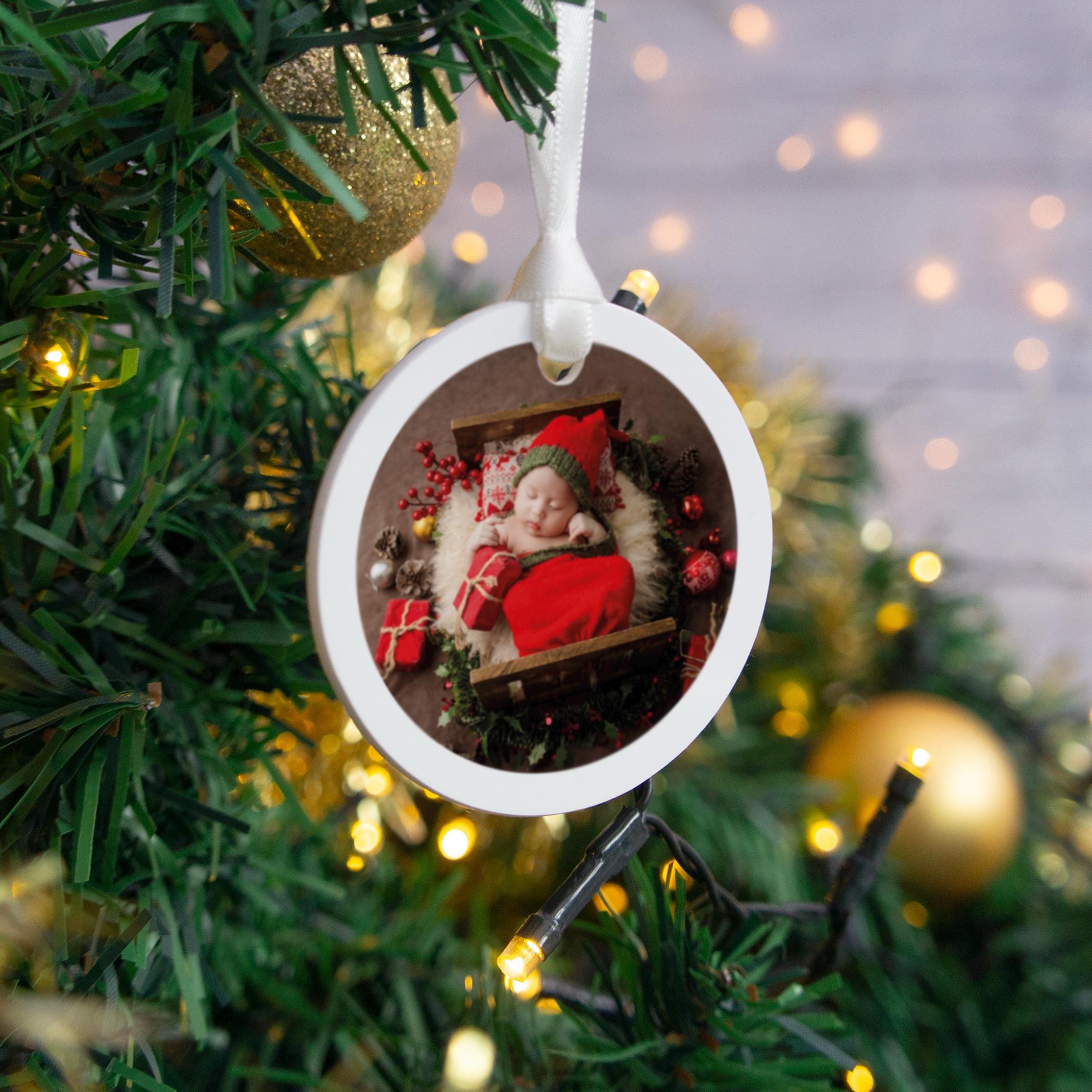 Baby's 1st Christmas bauble hanging tree decoration. Child's first xmas photo printed with a custom photograph for grandparent gift