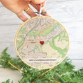 Linen map embroidery hoop for 4th wedding anniversary gift for husband wife.