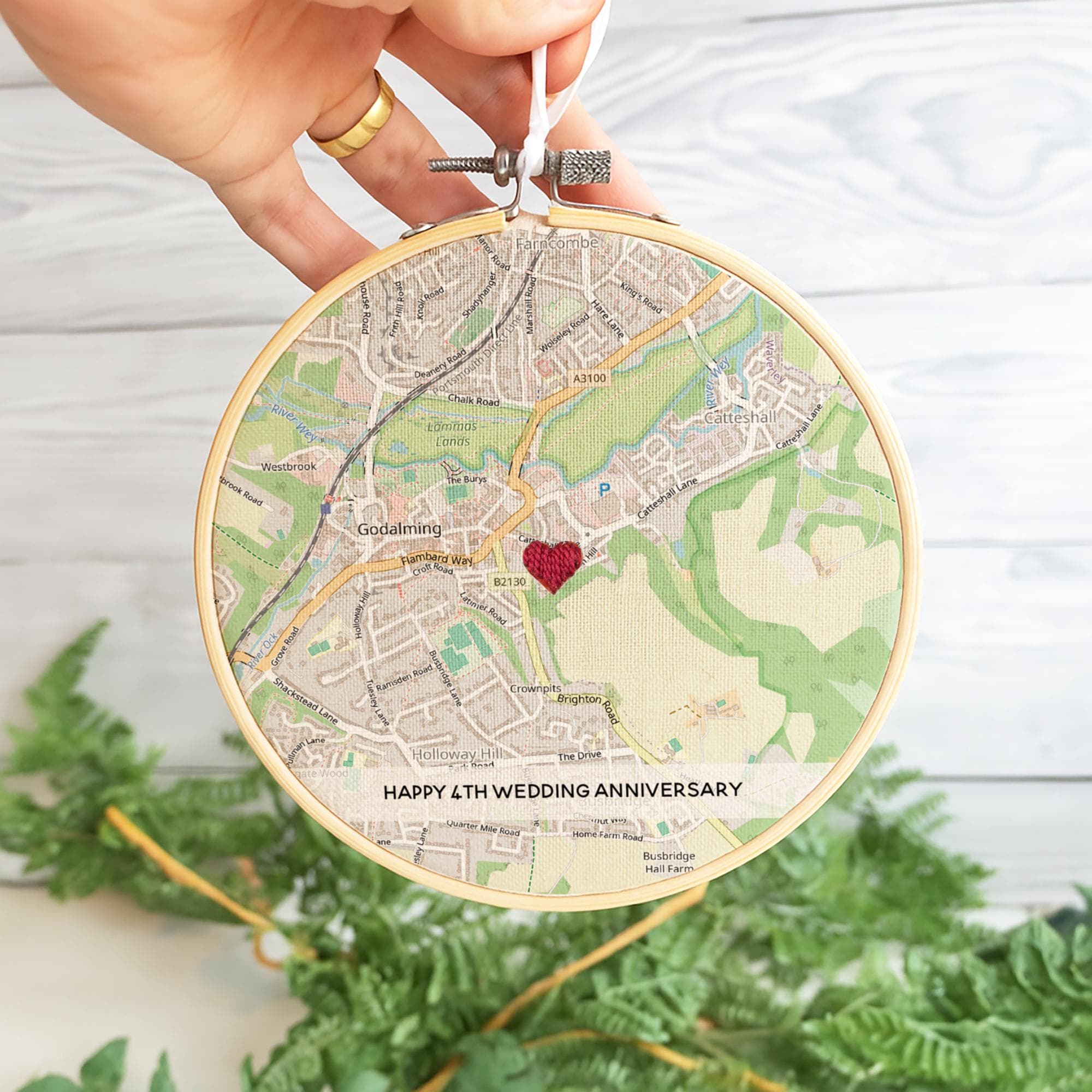 Linen map embroidery hoop for 4th wedding anniversary gift for husband wife.