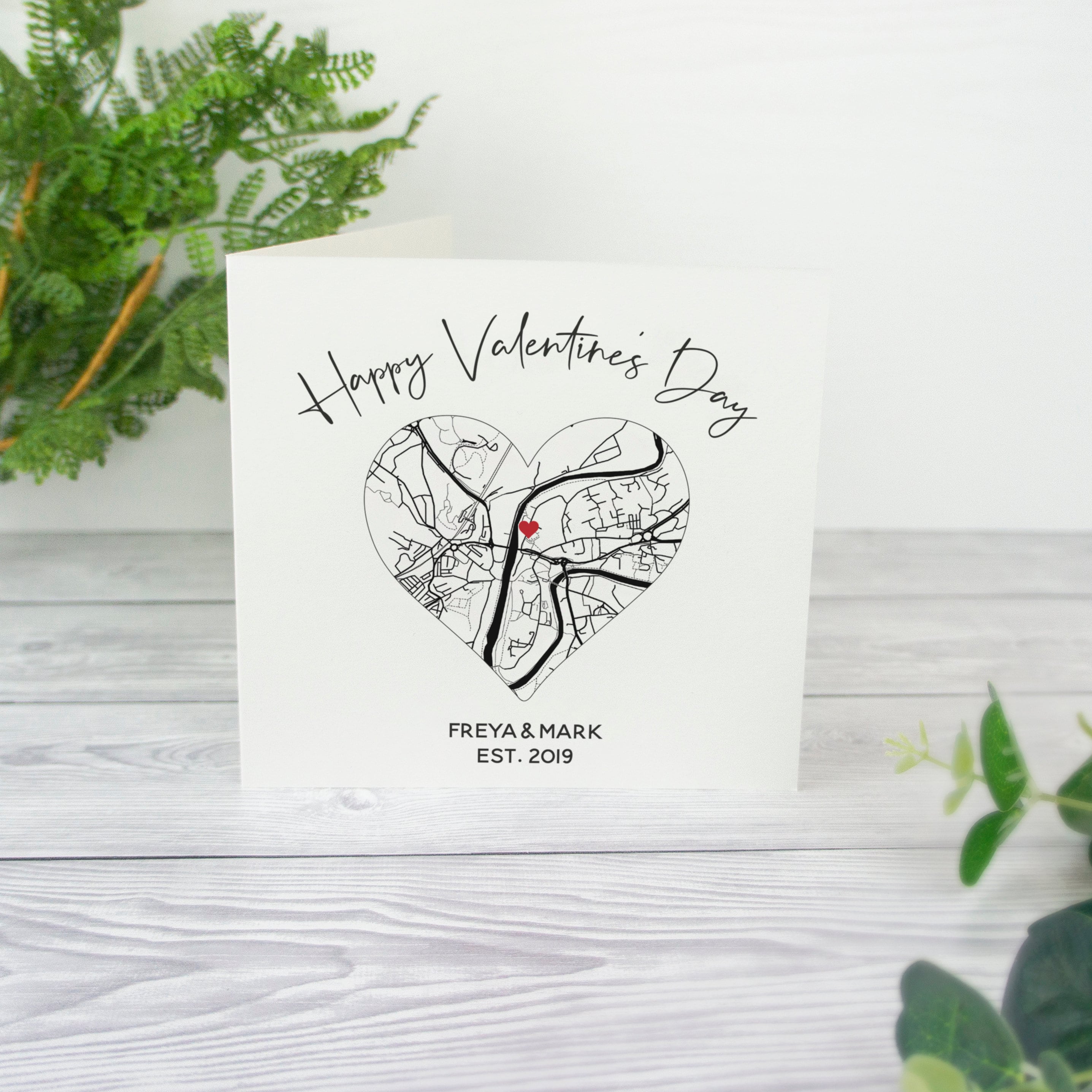 First Valentines Day card for him. Special location map in heart. Boyfriend or girlfriend card for her, black and white anniversary cards