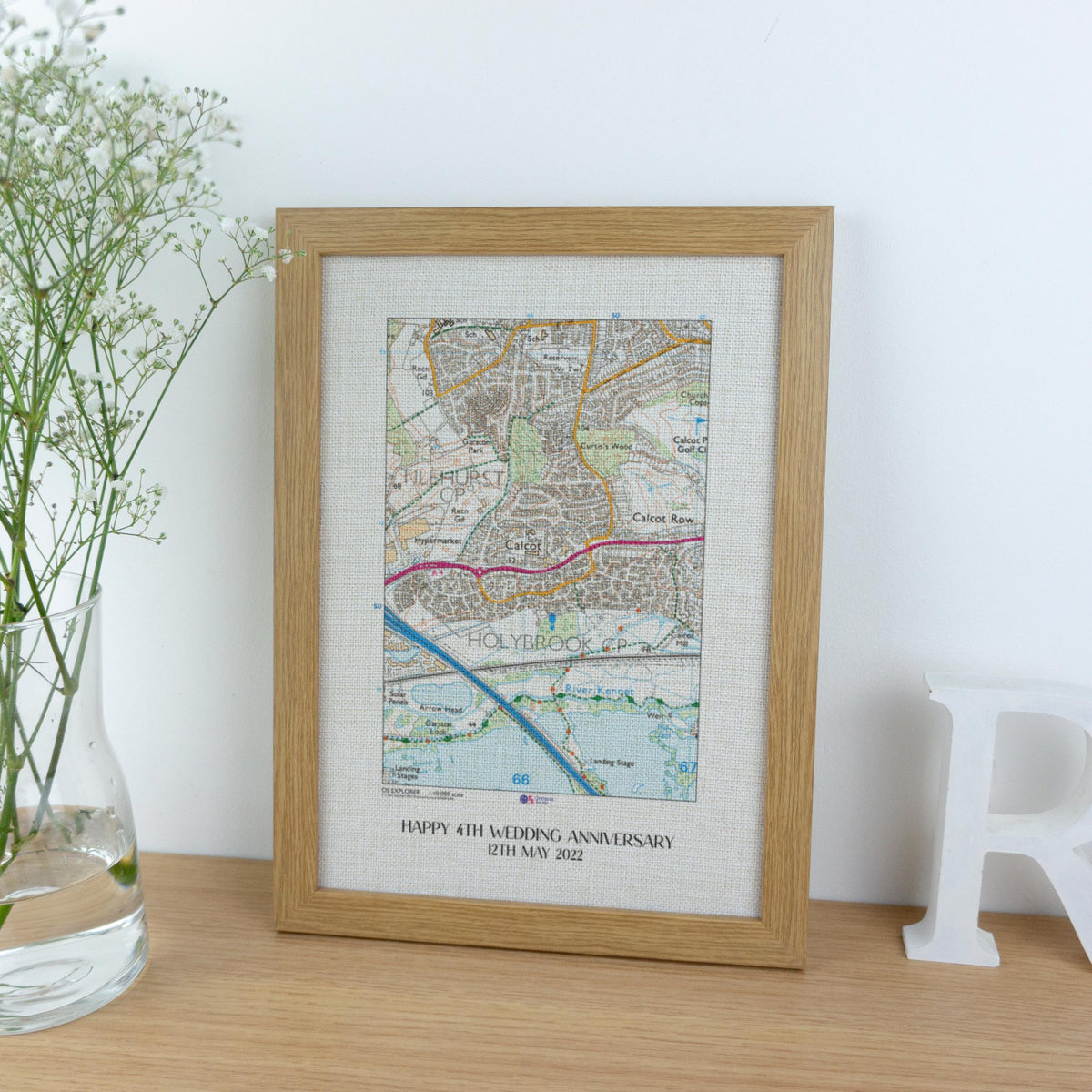 OS Map Print on linen fabric framed for 4th or 12th wedding anniversary gift. Custom location