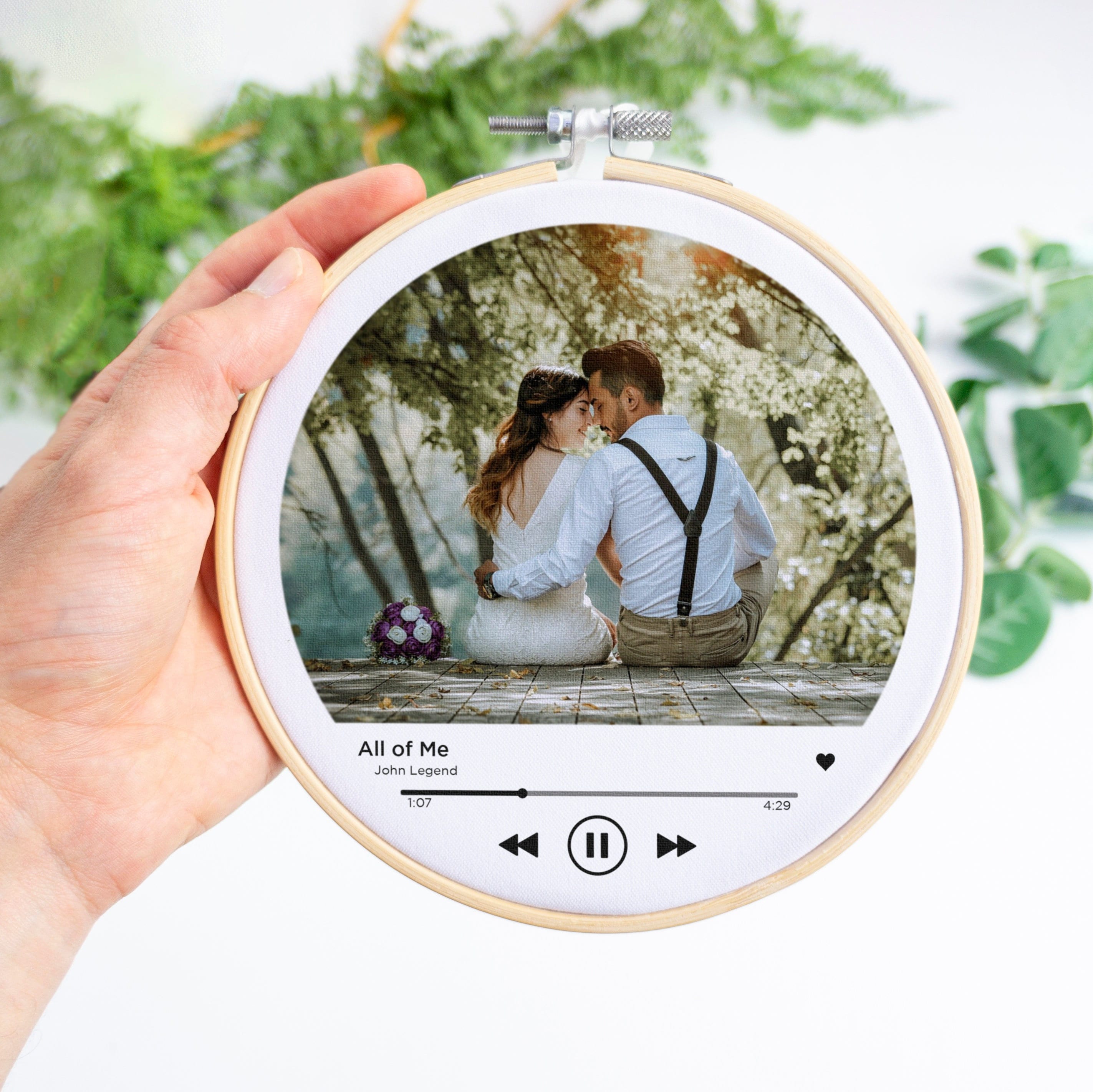 2nd wedding anniversary gift for husband wife him her. First dance song and couples photo on a Cotton embroidery hoop keepsake Christmas