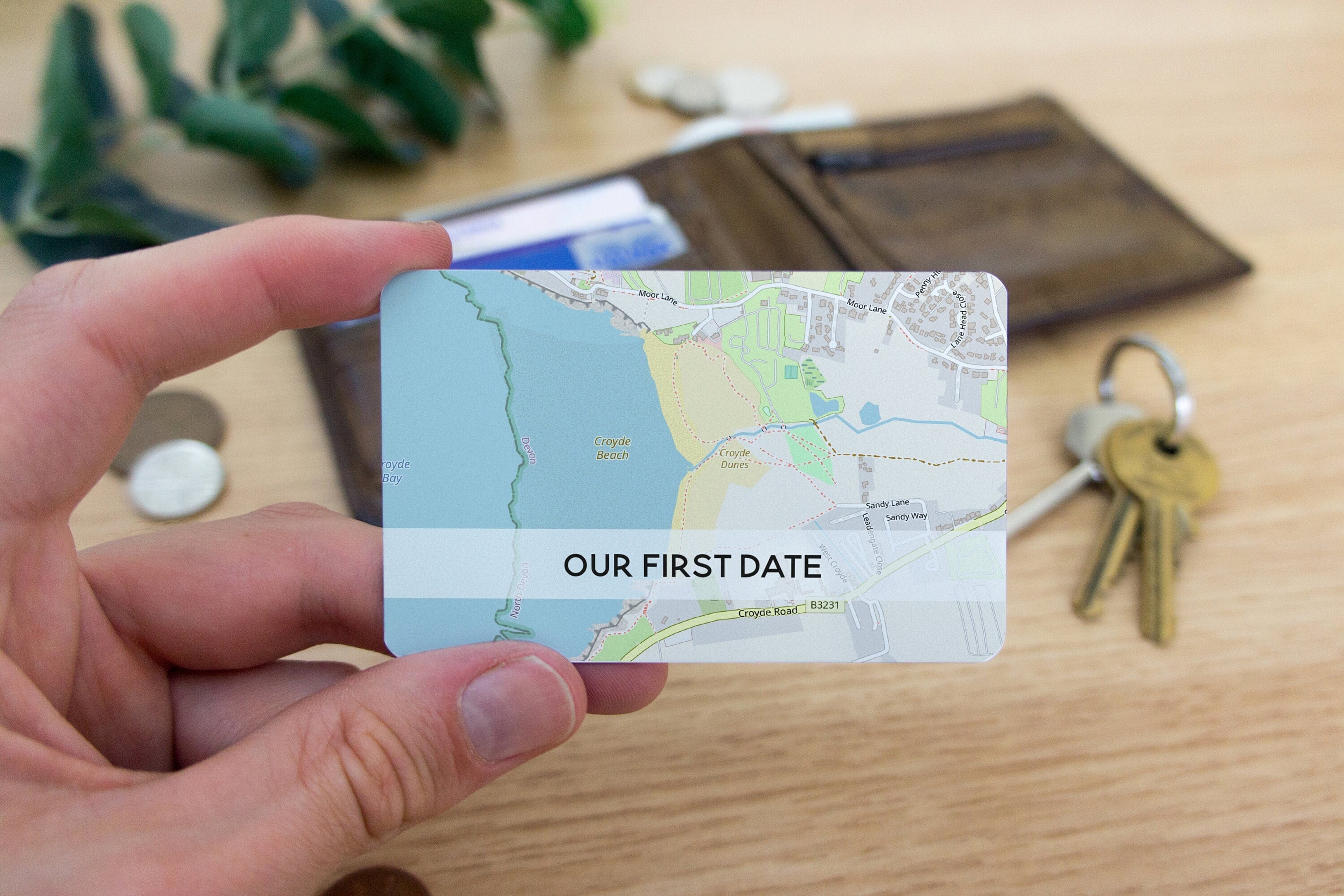 Anniversary gift for him, Our first date map metal wallet card keepsake Boyfriend gift Valentines gift for him or her personalised location