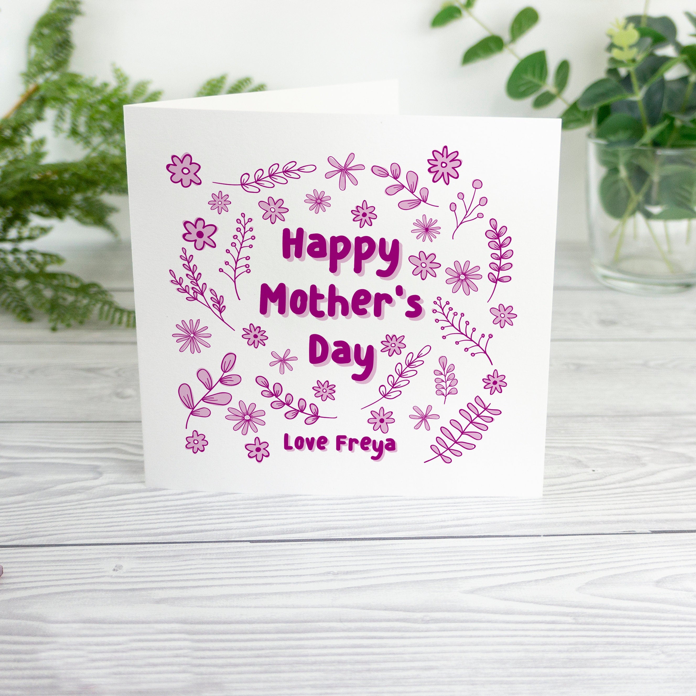 Happy Mothers Day card for her first Mother's Day as a new mummy. Card for mum from child, son, daughter. Pink purple floral flower