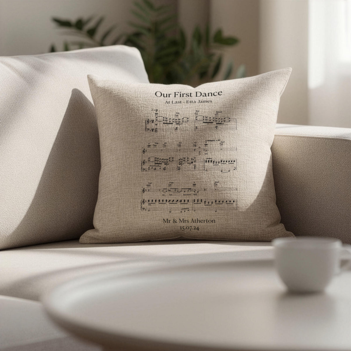 First dance song sheet music on linen cushion for 4th or 12th Anniversary Gift, Personalised lyrics printed