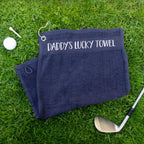 Personalised lucky golf towel with name. Custom golfing towel, green blue red black, gift for him, gift for her golfers, fathers day present