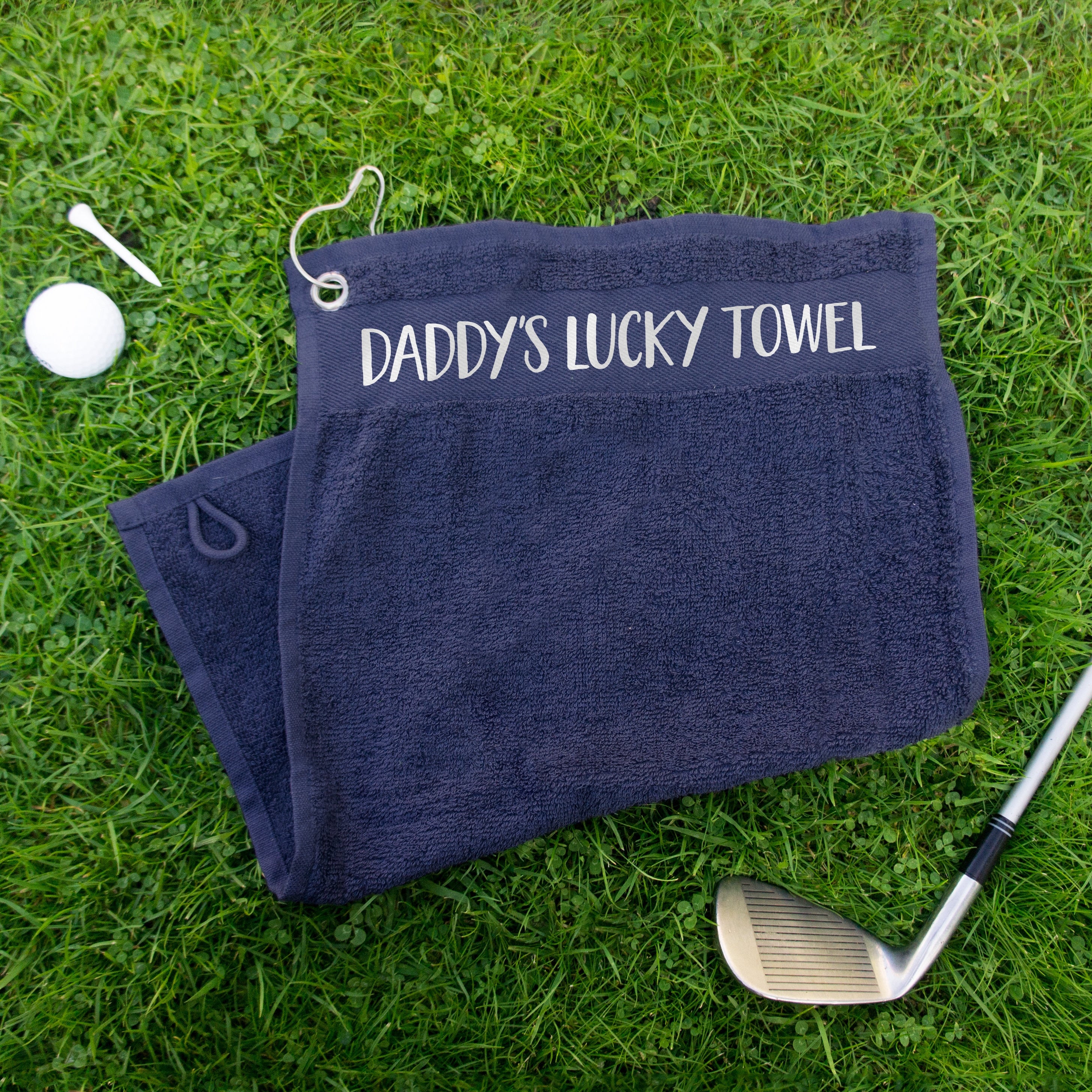 Personalised lucky golf towel with name. Custom golfing towel, green blue red black, gift for him, gift for her golfers, fathers day present