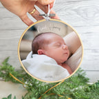 1st Father's Day gift for him from newborn child. Cotton embroidery hoop frame with photography of Daddy and baby print for new dad