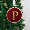 Christmas bauble tree decoration. Hanging velvet embroidery hoop ornament & shiny initial letter. New baby's first xmas gift for 1st parent