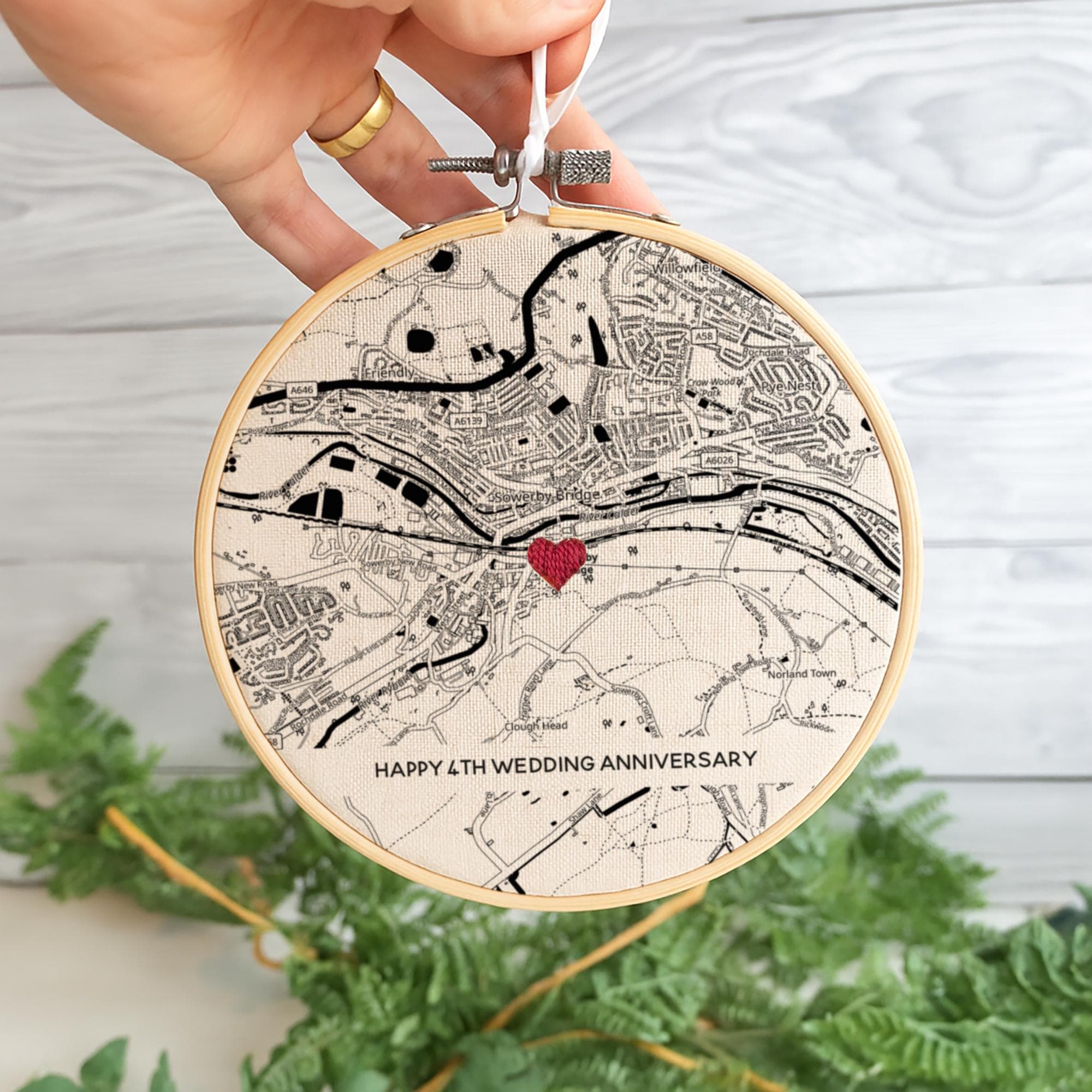 linen fabric embroidery hoop for 4th wedding anniversary gift with black & white map