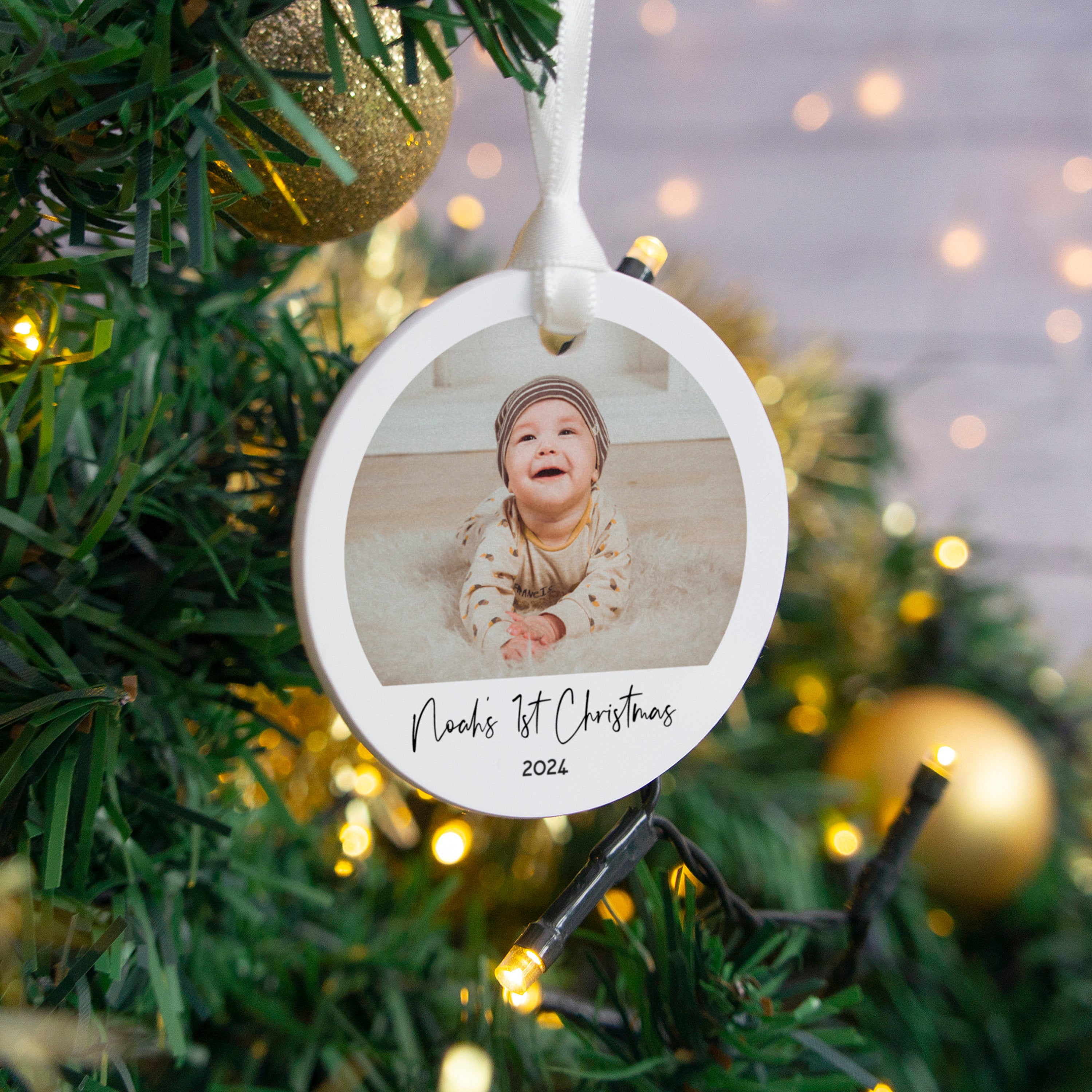 Baby's first Christmas bauble hanging decoration. Child's 1st xmas photo dec printed with custom photograph printed grandparent babys gift