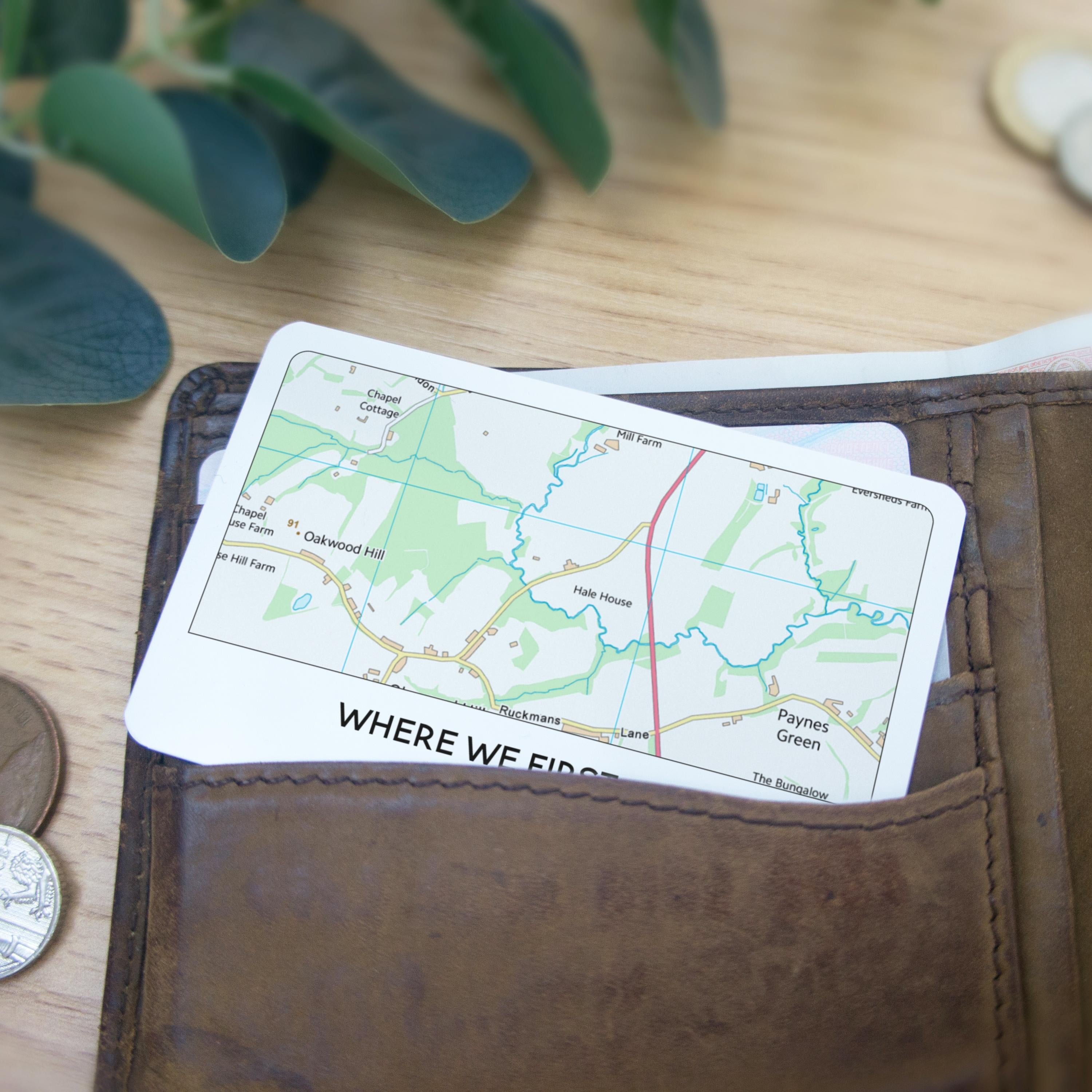 OS map wallet card Anniversary or Valentine's Day gift for boyfriend, Where we first met Ordnance Survey map metal keepsake location him
