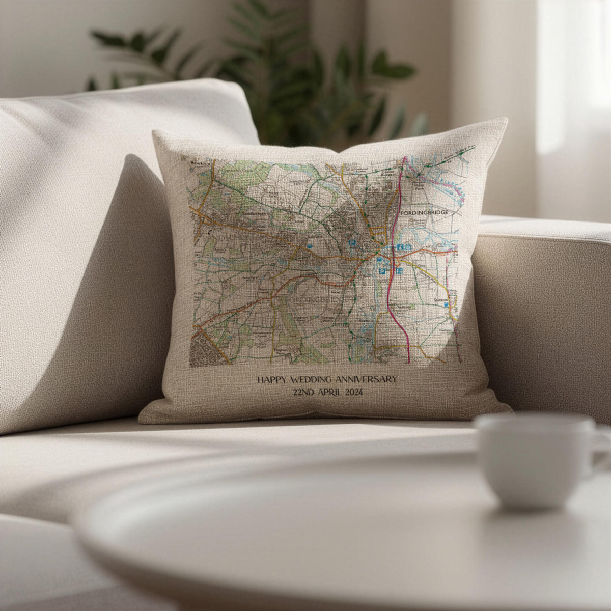 OS Map linen cushion for 4th or 12th wedding anniversary gift. Special location