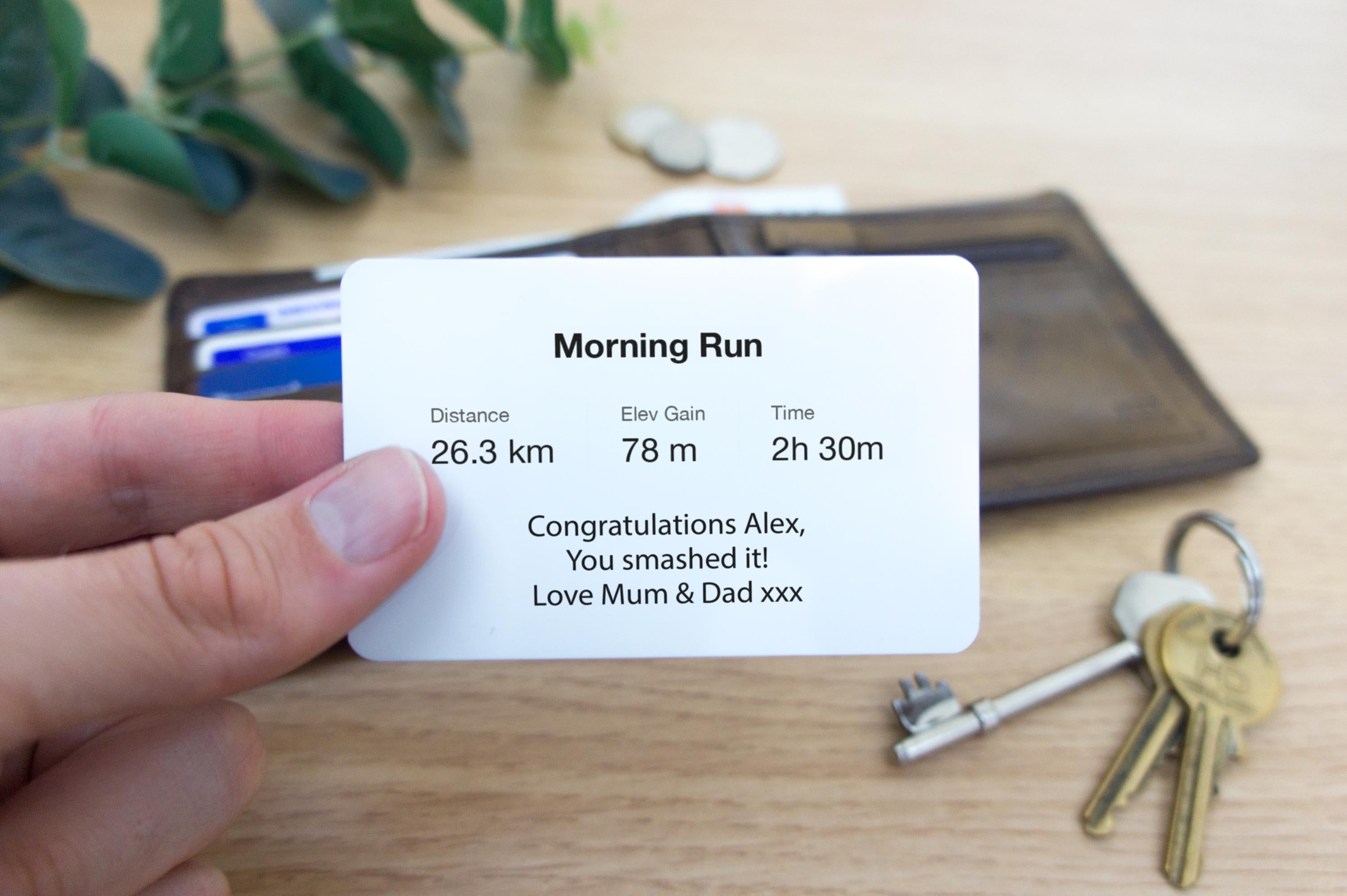 Strava map wallet card celebration gift. Route activity gift for runners with message. Parkrun gifts for him, her. Marathon. Running Cycling