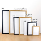 a collection of various-sized picture frames, each labeled with the corresponding frame size.