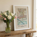 OS Map Print on linen fabric framed for 4th or 12th wedding anniversary gift. Custom location