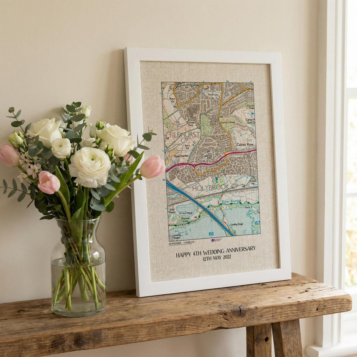 OS Map Print on linen fabric framed for 4th or 12th wedding anniversary gift. Custom location