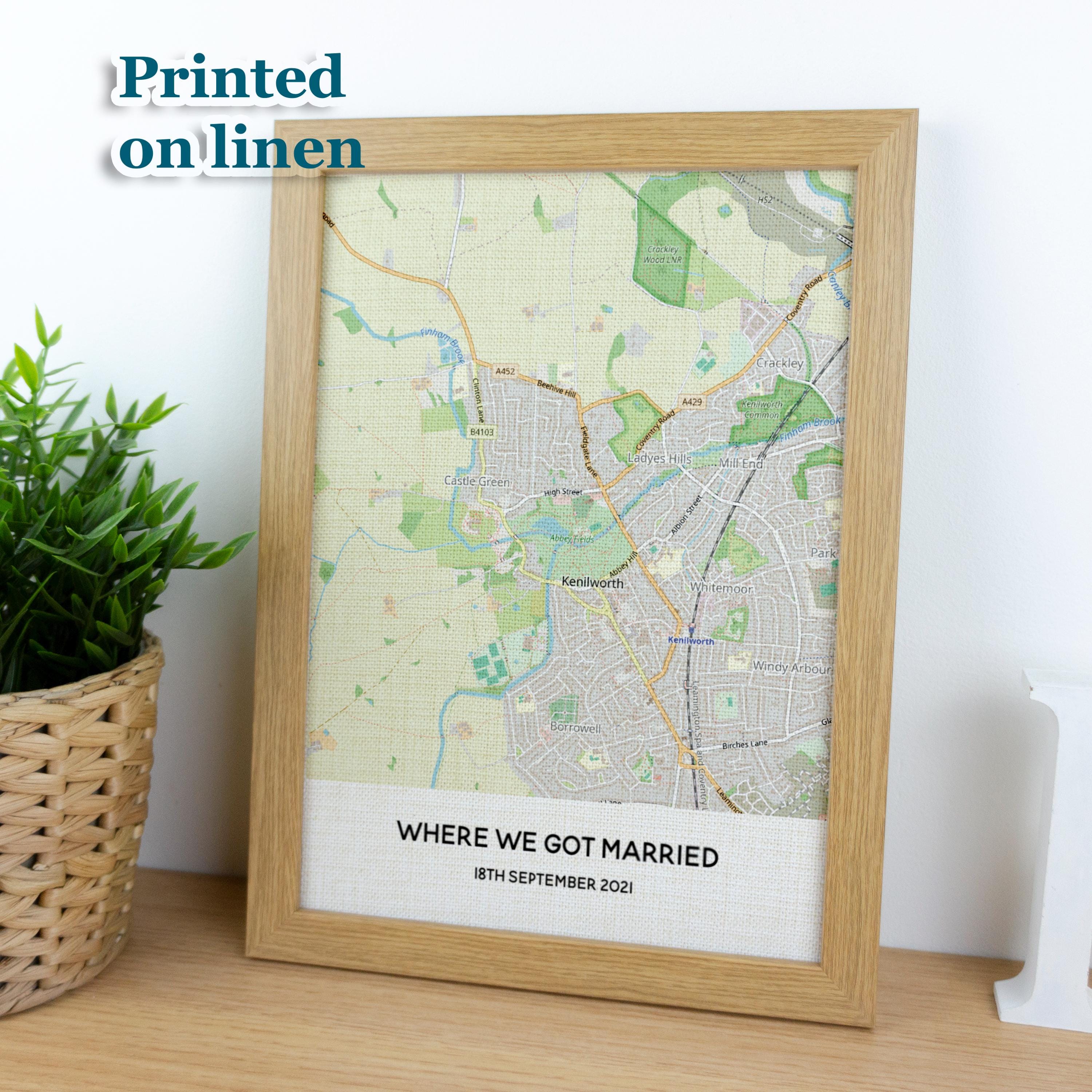 Personalised 4th wedding anniversary map printed on linen fabric and framed