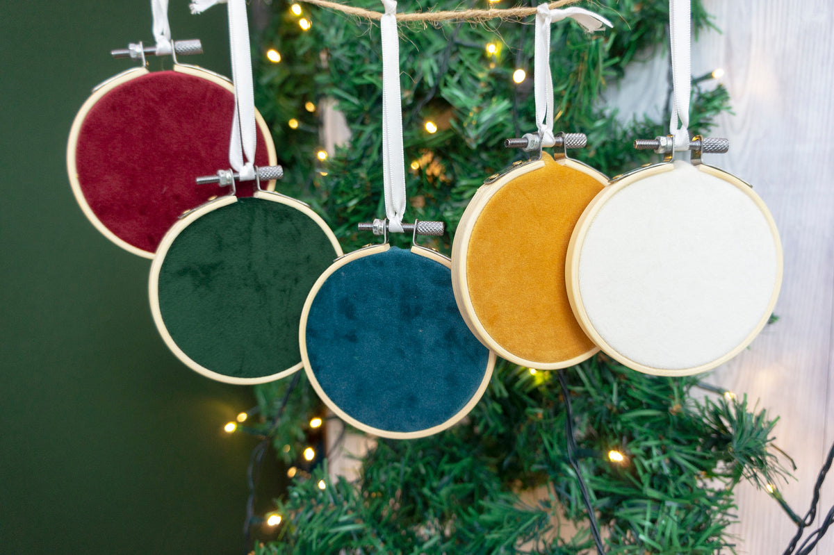 Christmas bauble tree decoration. Hanging velvet embroidery hoop ornament & shiny initial letter. New baby's first xmas gift for 1st parent