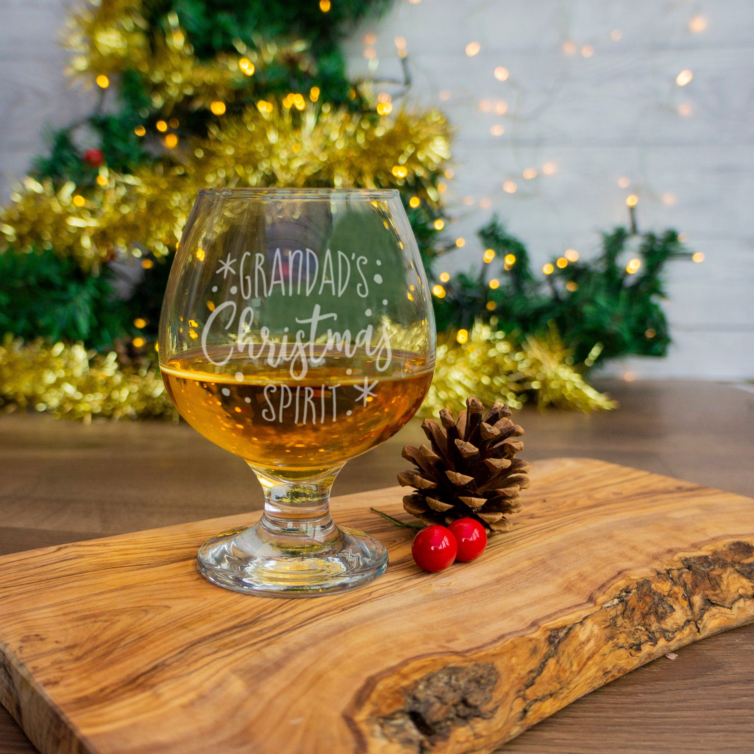 Christmas spirit brandy glass personalised with a name. Xmas gift for grandad brandy drinking glasses. Christmas gifts for dad, him