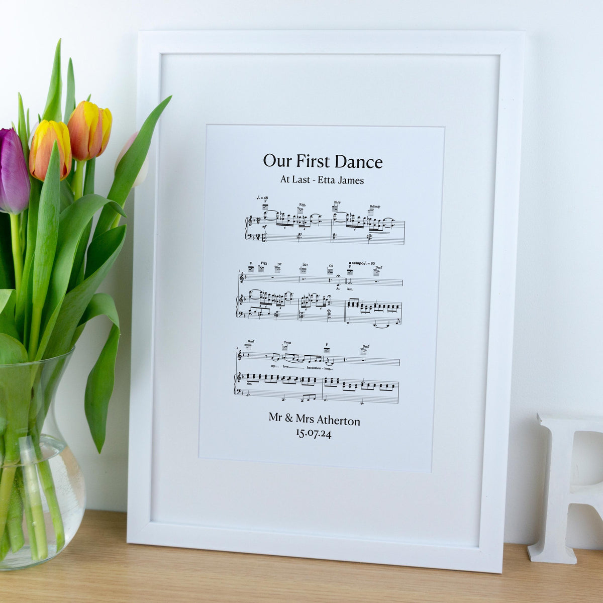 First dance song sheet music print on card for 1st paper anniversary