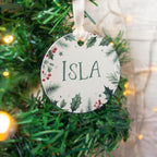 Baby's first Christmas card with tree ornament hanging decoration. Child's 1st xmas bauble with greetings card personalised with name