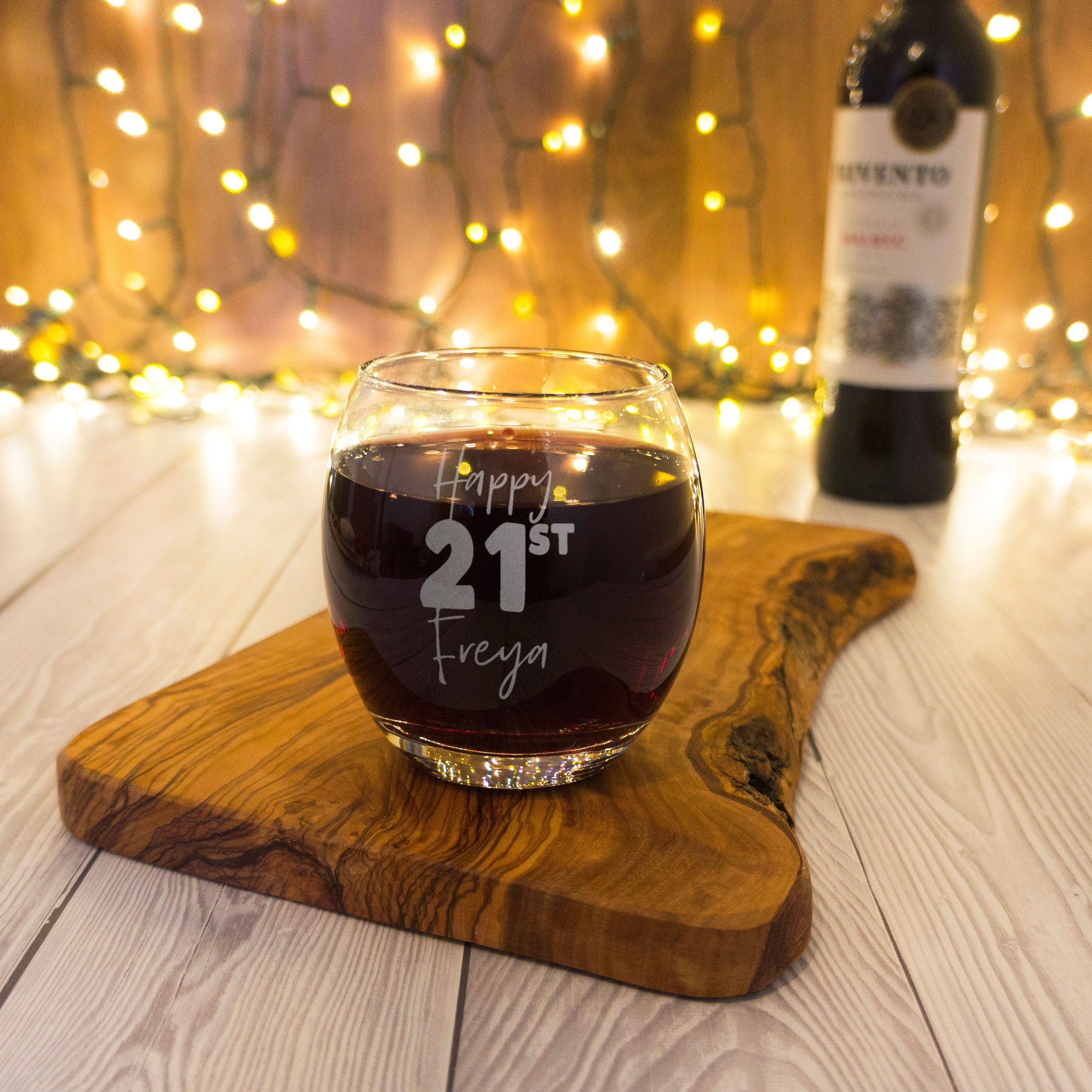 Stemless 21st birthday wine glass personalised with name, 18th celebration gift. Engraved red or white wine glasses for her birthday present