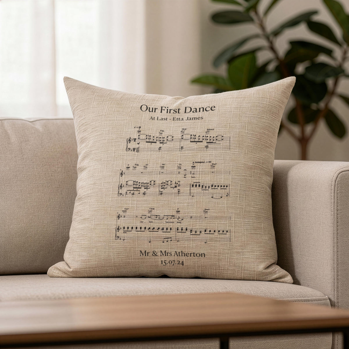 First dance song sheet music on linen cushion for 4th or 12th Anniversary Gift, Personalised lyrics printed