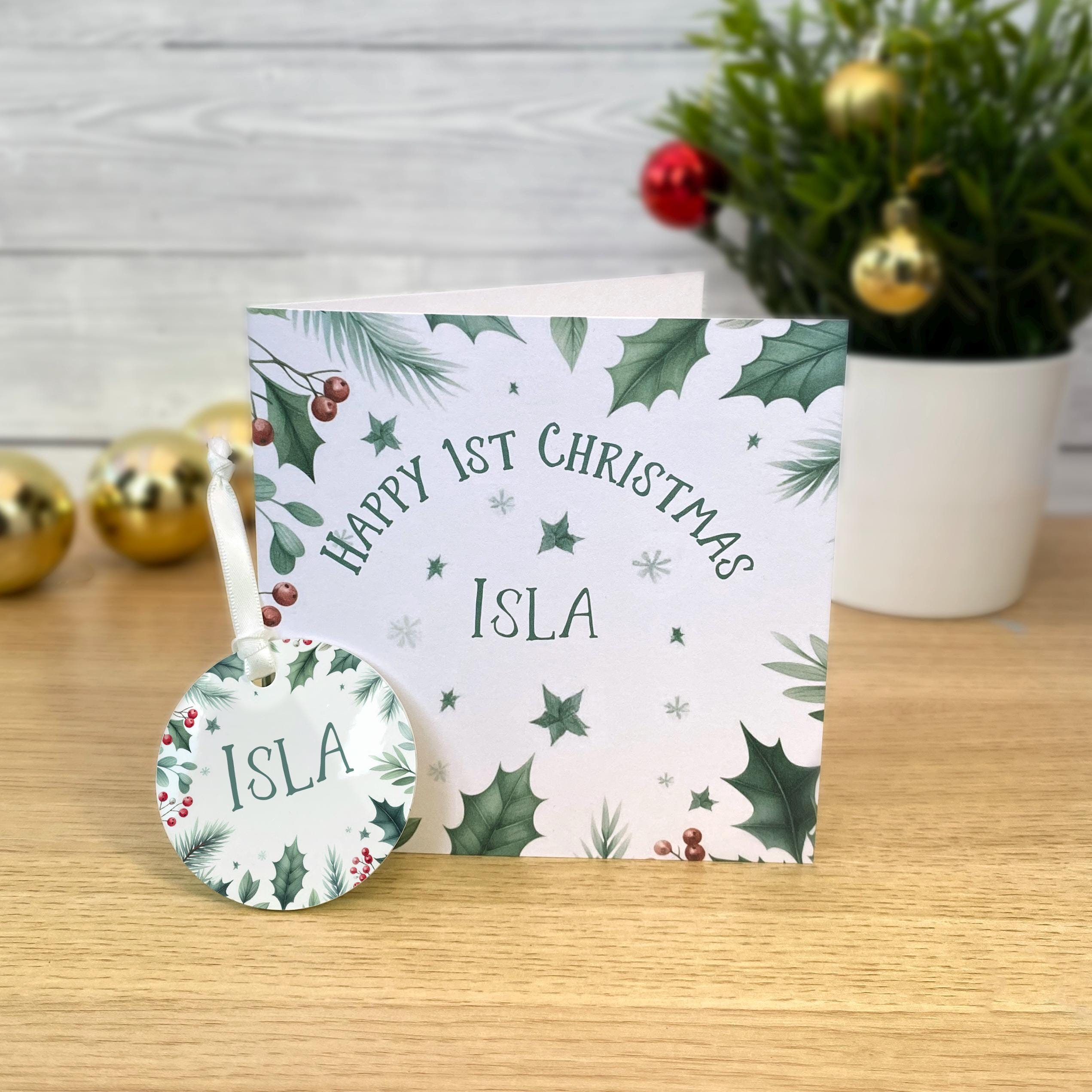 Baby's first Christmas card with tree ornament hanging decoration. Child's 1st xmas bauble with greetings card personalised with name