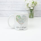 Personalised anniversary coffee mug with any map location and custom text. Valentines day gift for him or her, girlfriend, boyfriend gifts