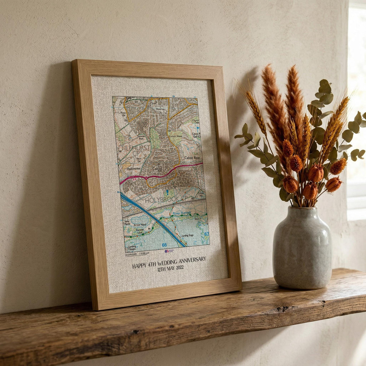 OS Map Print on linen fabric framed for 4th or 12th wedding anniversary gift. Custom location