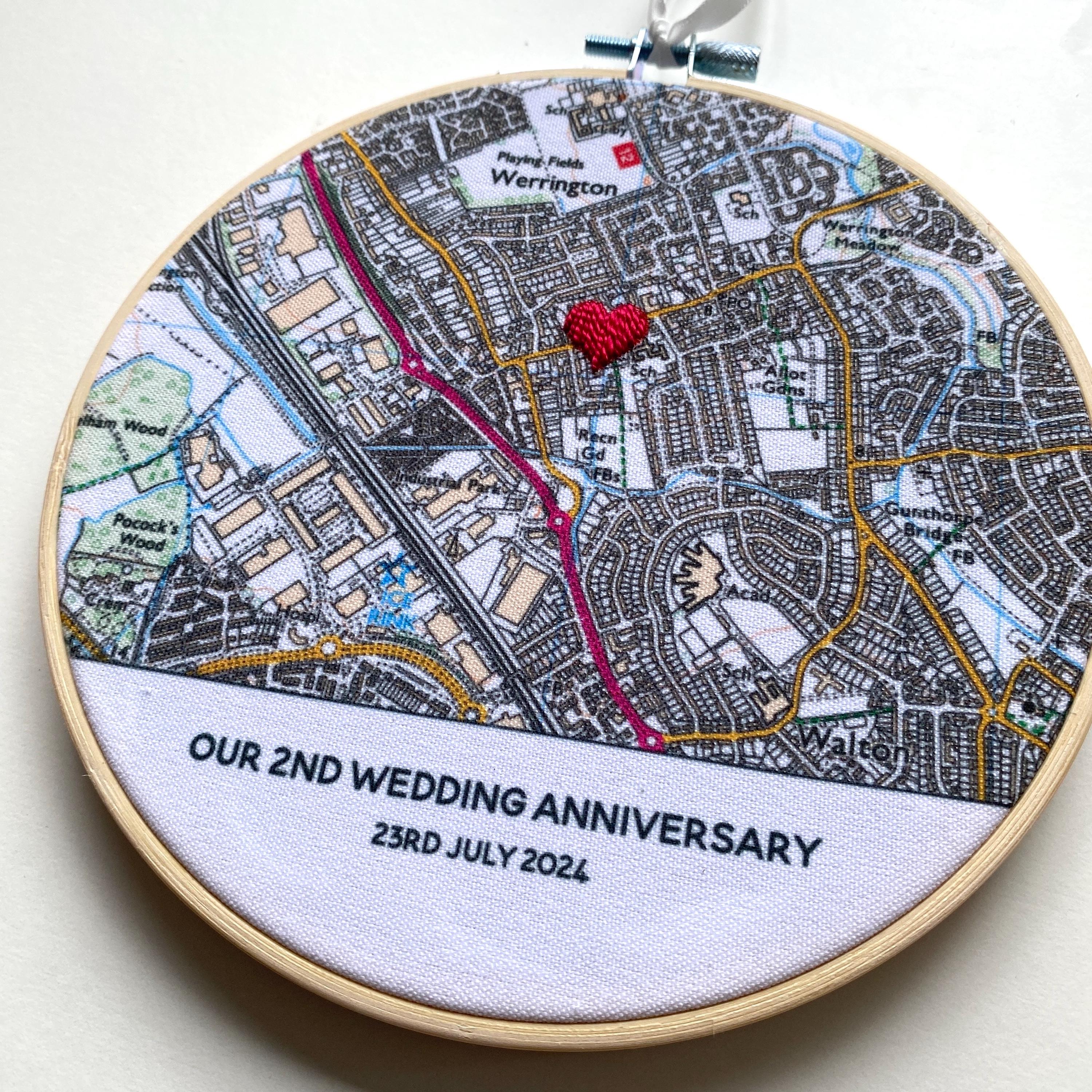 Custom OS map embroidery hoop for Cotton 2nd anniversary gift for husband wife him her Valentines gift for boyfriend girlfriend engagement