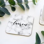 Personalised marble coaster with name in script text. Square drinks mat with marble effect printed. valentines day gift for her wedding