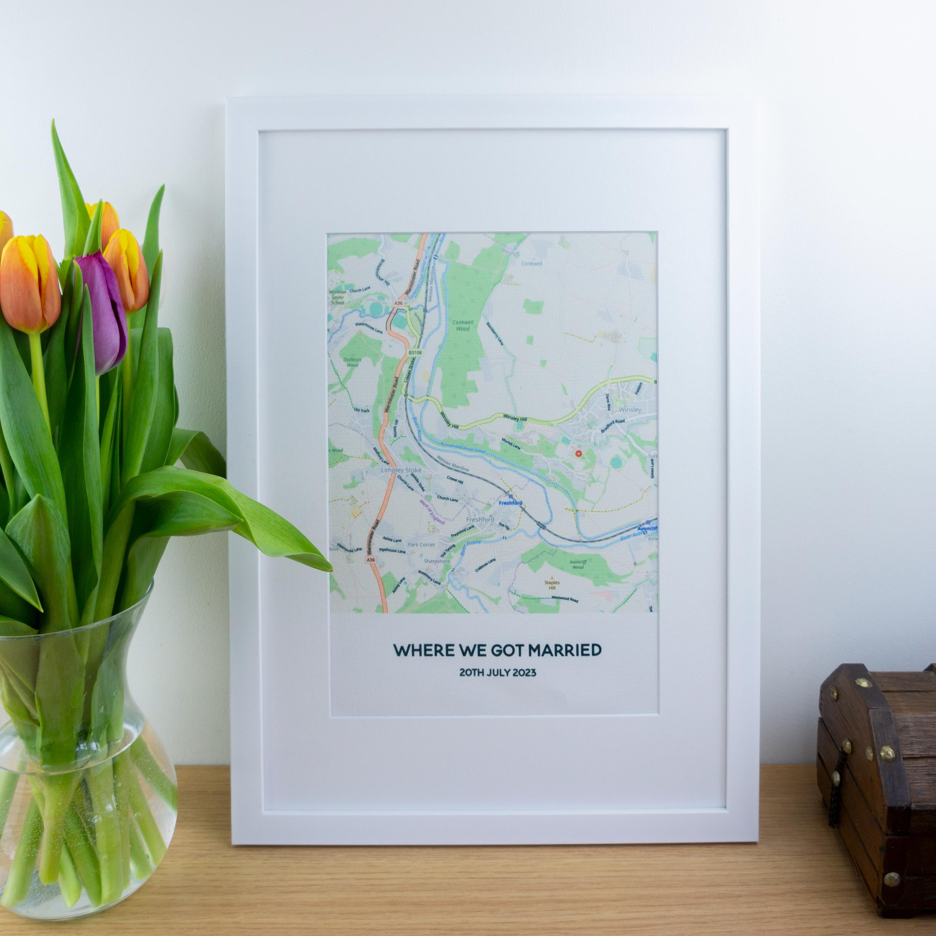 Personalised Map Print on cotton fabric and framed
