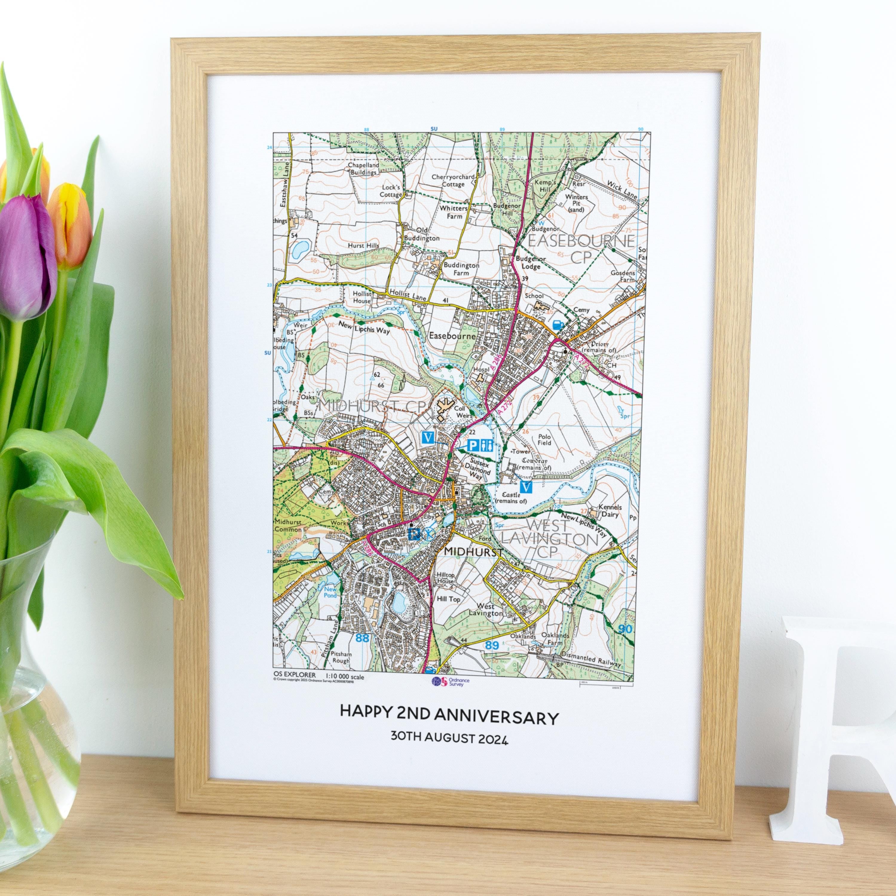 Personalised OS Map Print on cotton fabric, 2nd anniversary gift, Custom special location Wedding Gift for husband wife, Gift for her