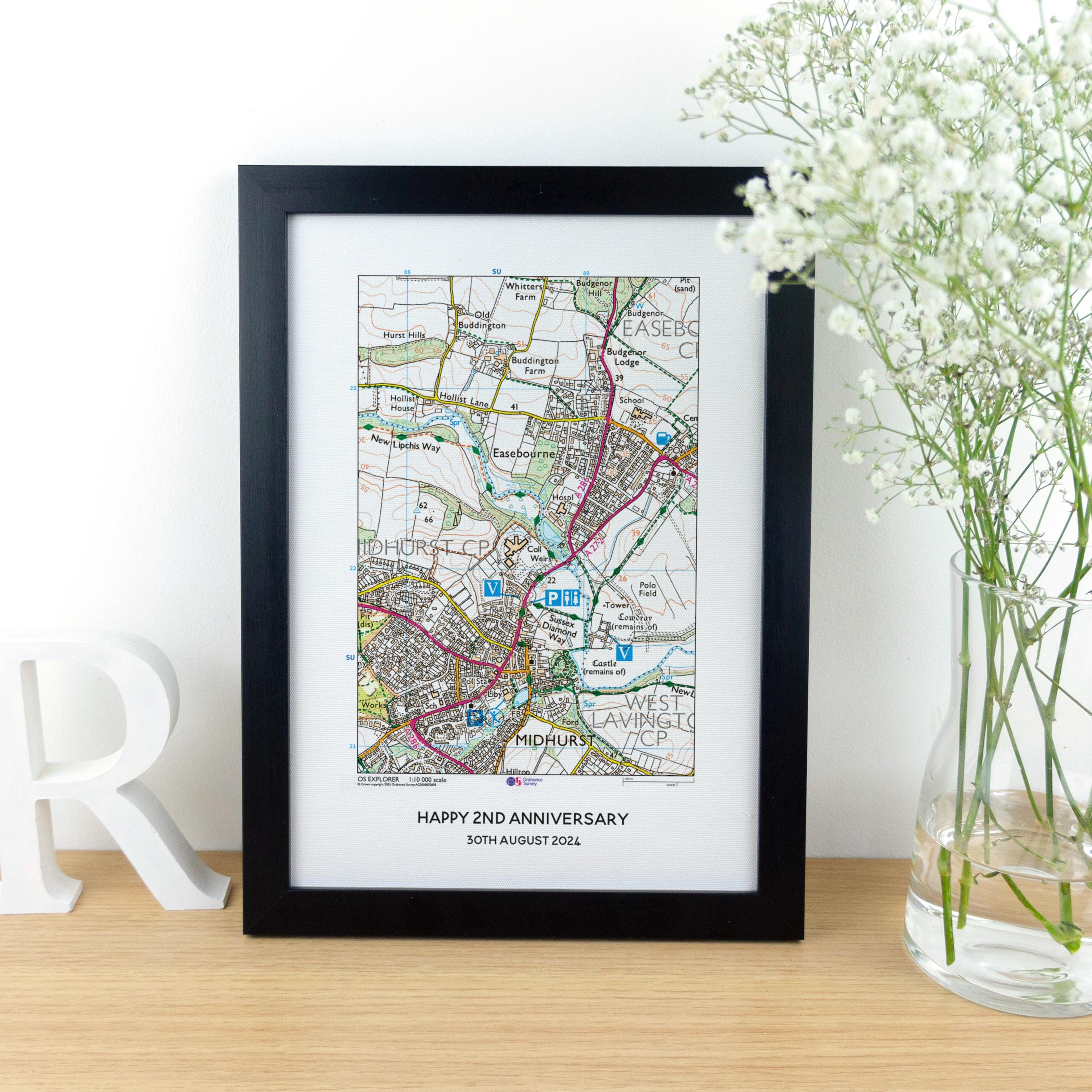 Personalised OS Map Print on cotton fabric, 2nd anniversary gift, Custom special location Wedding Gift for husband wife, Gift for her