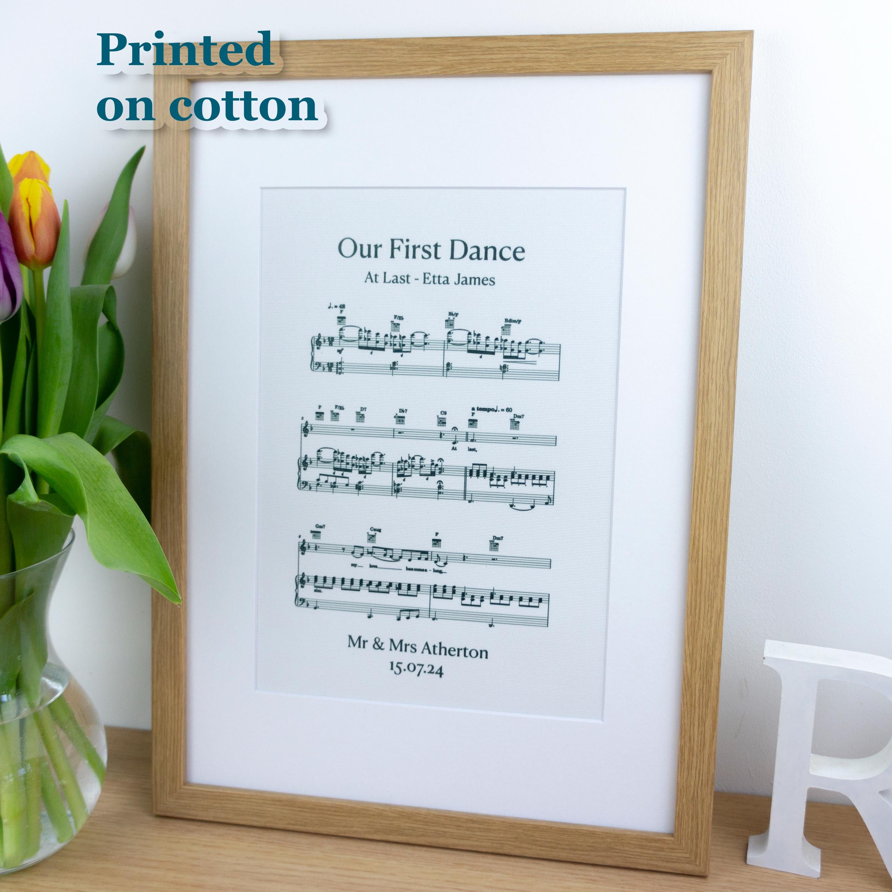 Wedding first dance song sheet music print on cotton fabric for 2nd Anniversary Gift