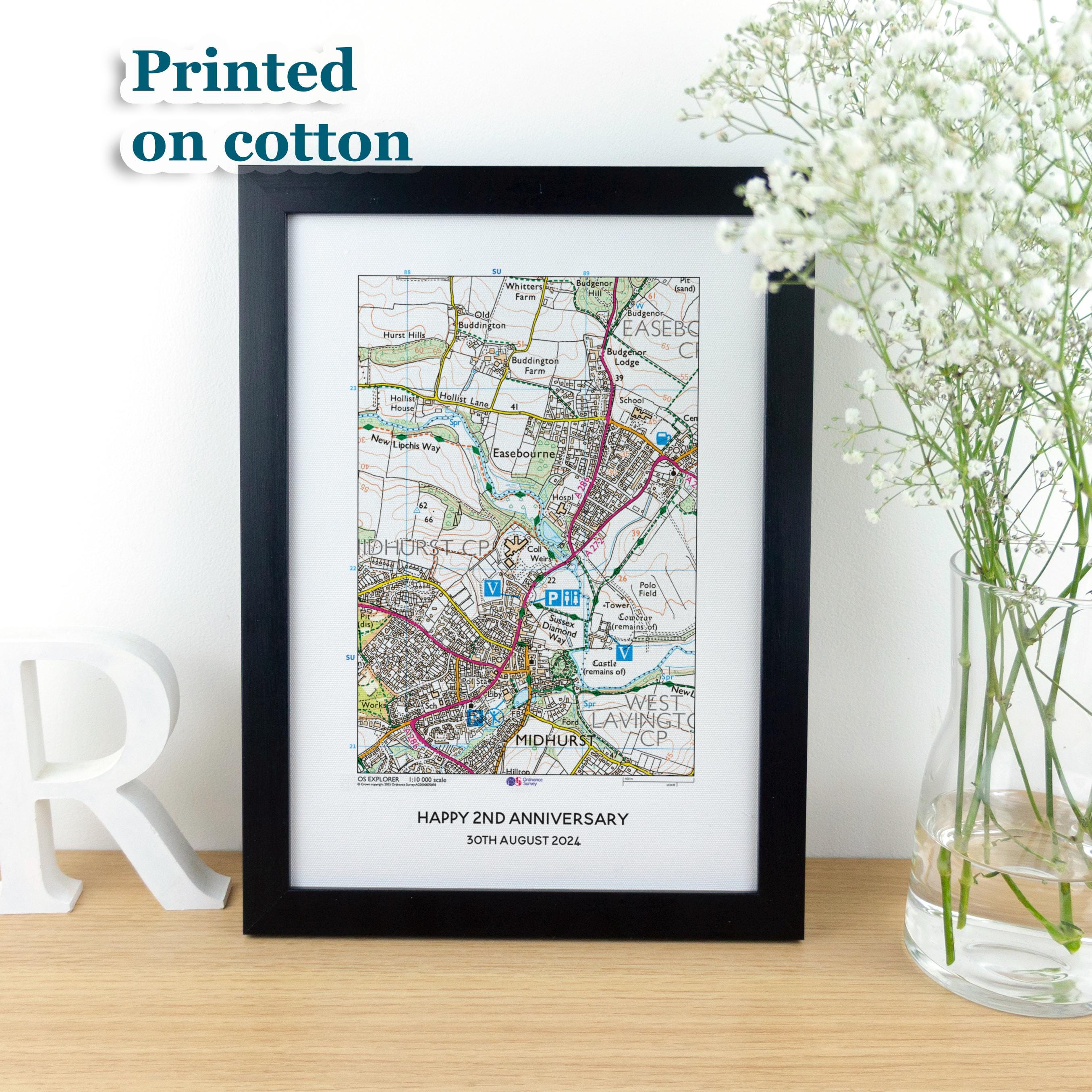 Personalised OS Map Print on cotton fabric, 2nd anniversary gift, Custom special location Wedding Gift for husband wife, Gift for her