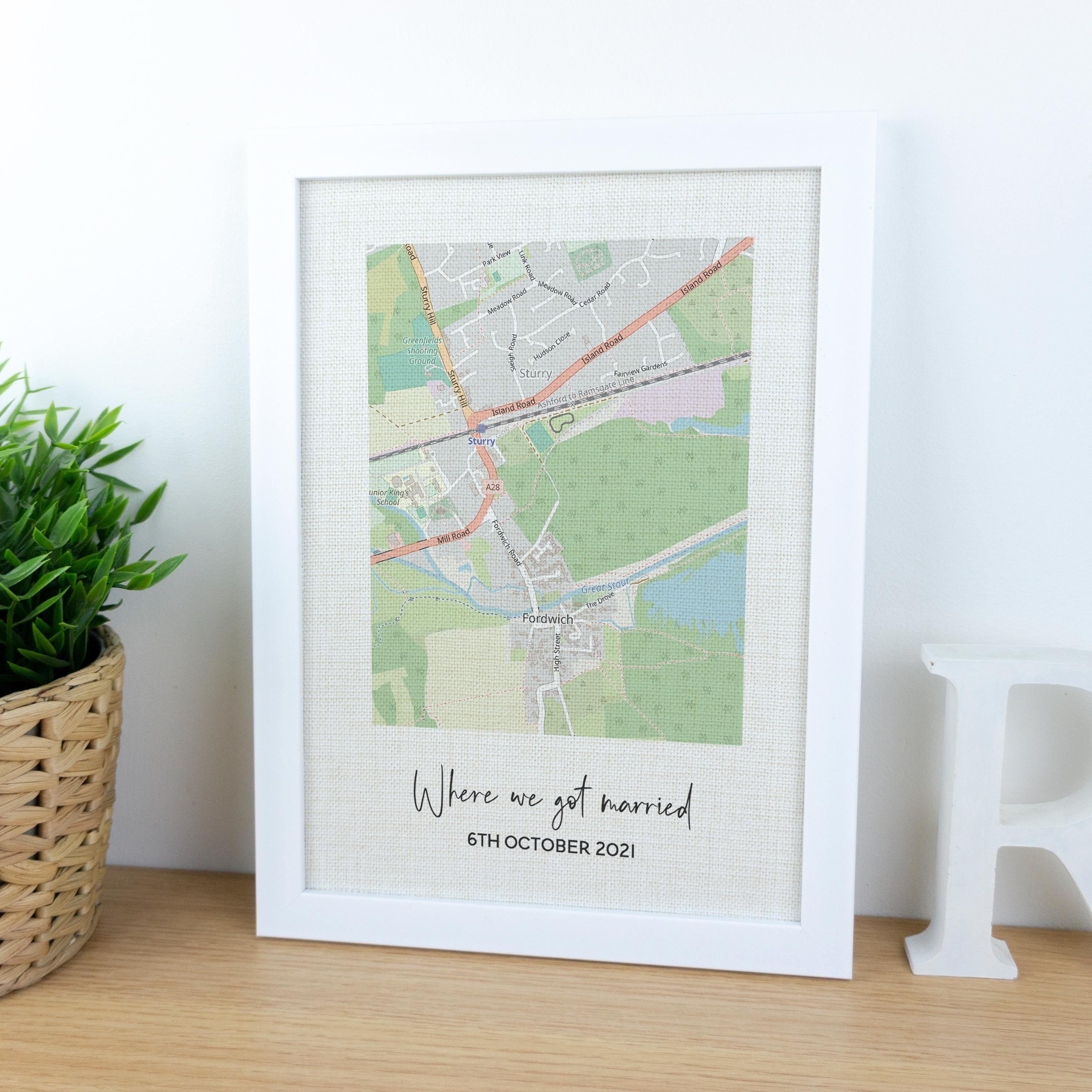 Wedding map location printed on linen fabric and frame for 4th wedding anniversary