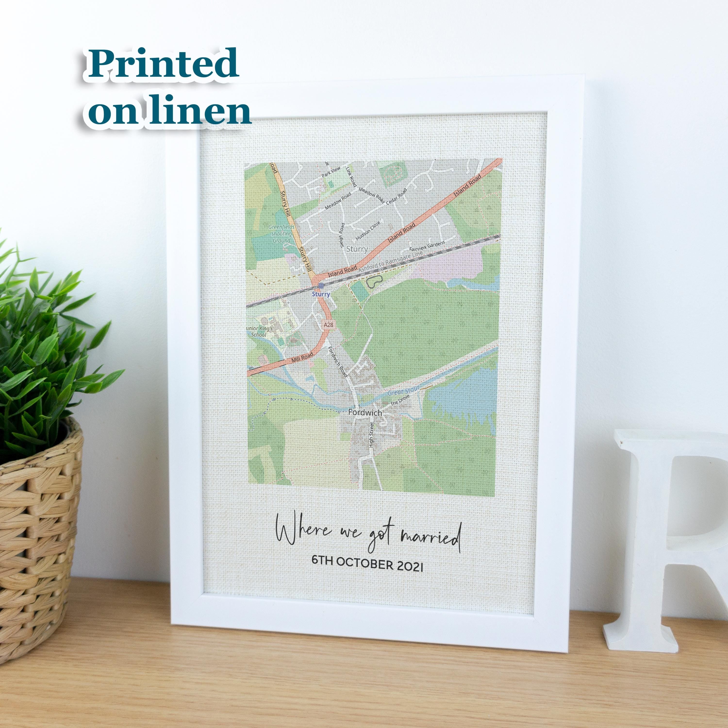 Wedding map location printed on linen fabric and frame for 4th wedding anniversary