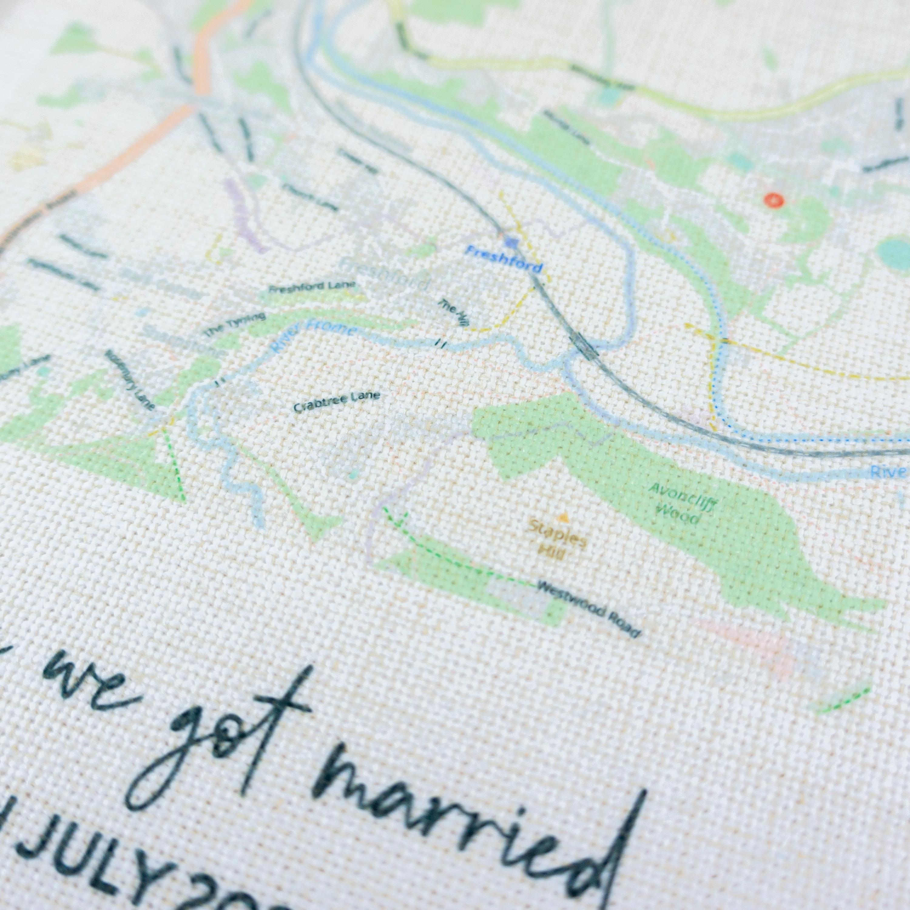 Wedding map location printed on linen fabric and frame for 4th wedding anniversary