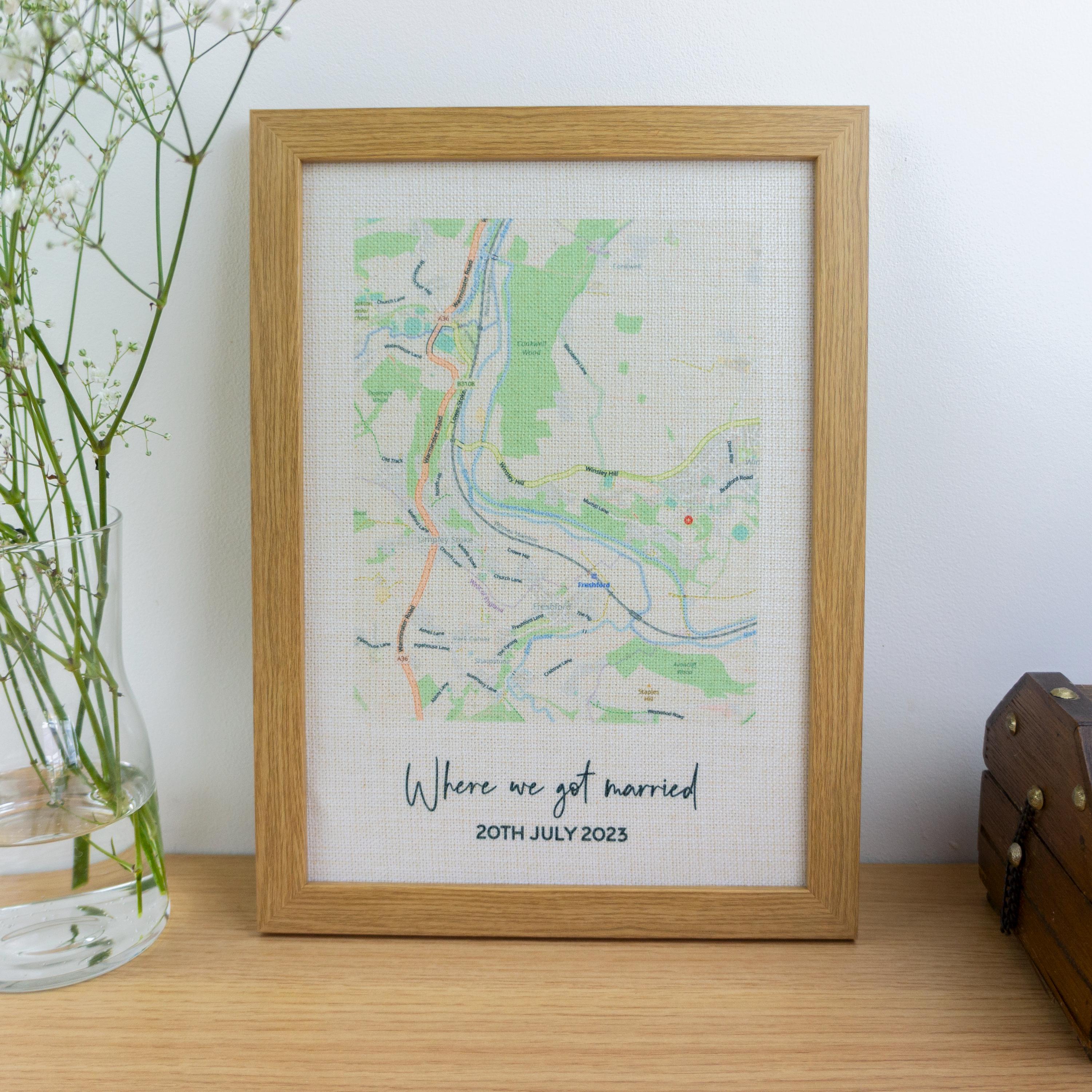Wedding map location printed on linen fabric and frame for 4th wedding anniversary