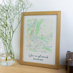 Wedding map location printed on linen fabric and frame for 4th wedding anniversary