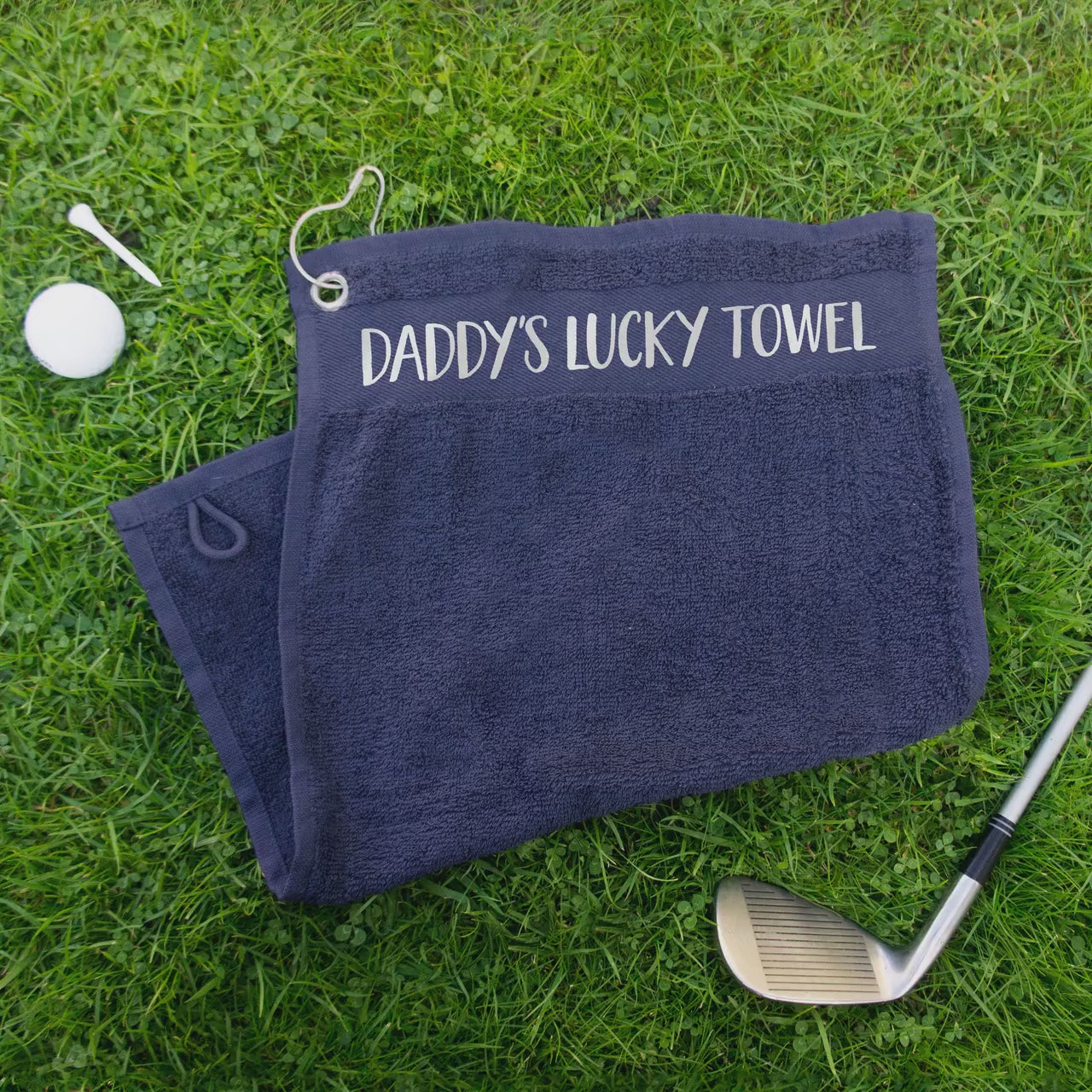 Personalised lucky golf towel with name. Custom golfing towel, green blue red black, gift for him, gift for her golfers, fathers day present