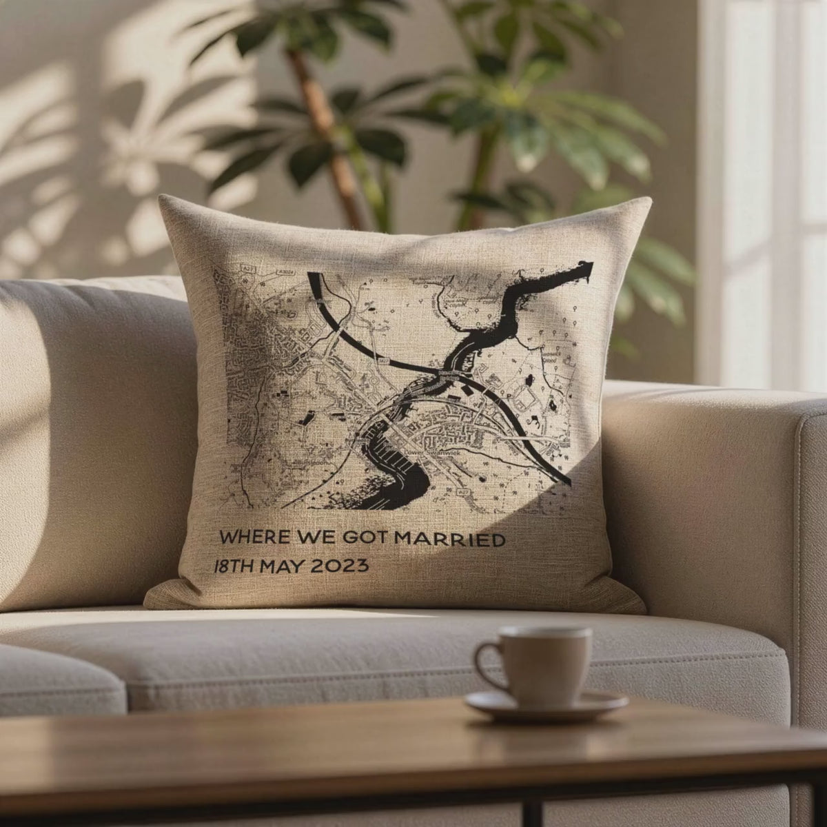 Personalised Map linen cushion for 4th or 12th wedding anniversary gift, black & white