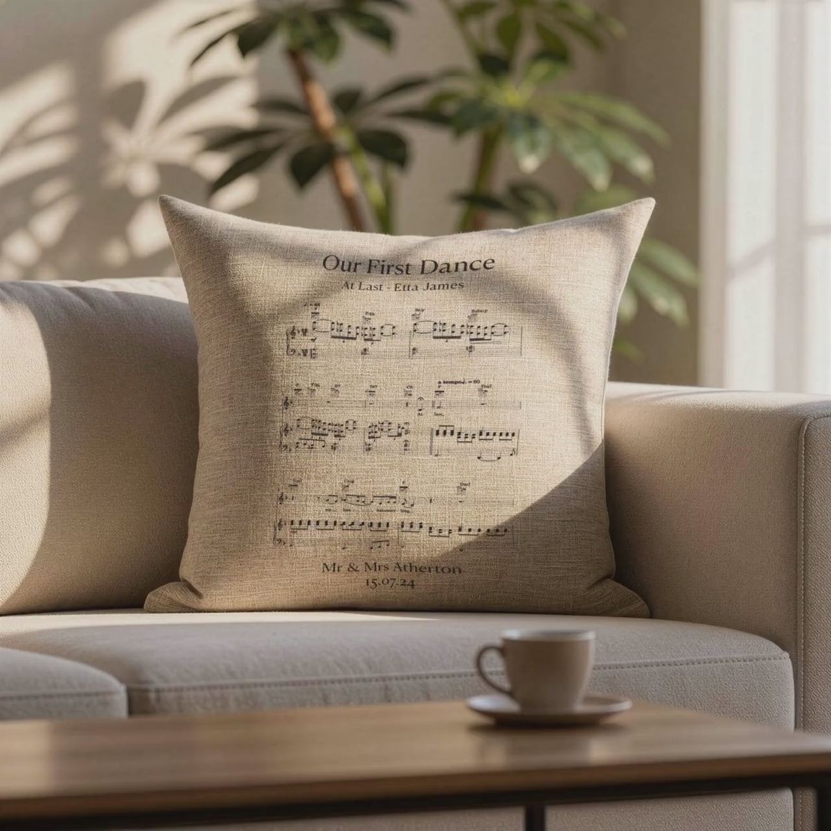 First dance song sheet music on linen cushion for 4th or 12th Anniversary Gift, Personalised lyrics printed