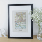 OS Map Print on linen fabric framed for 4th or 12th wedding anniversary gift. Custom location
