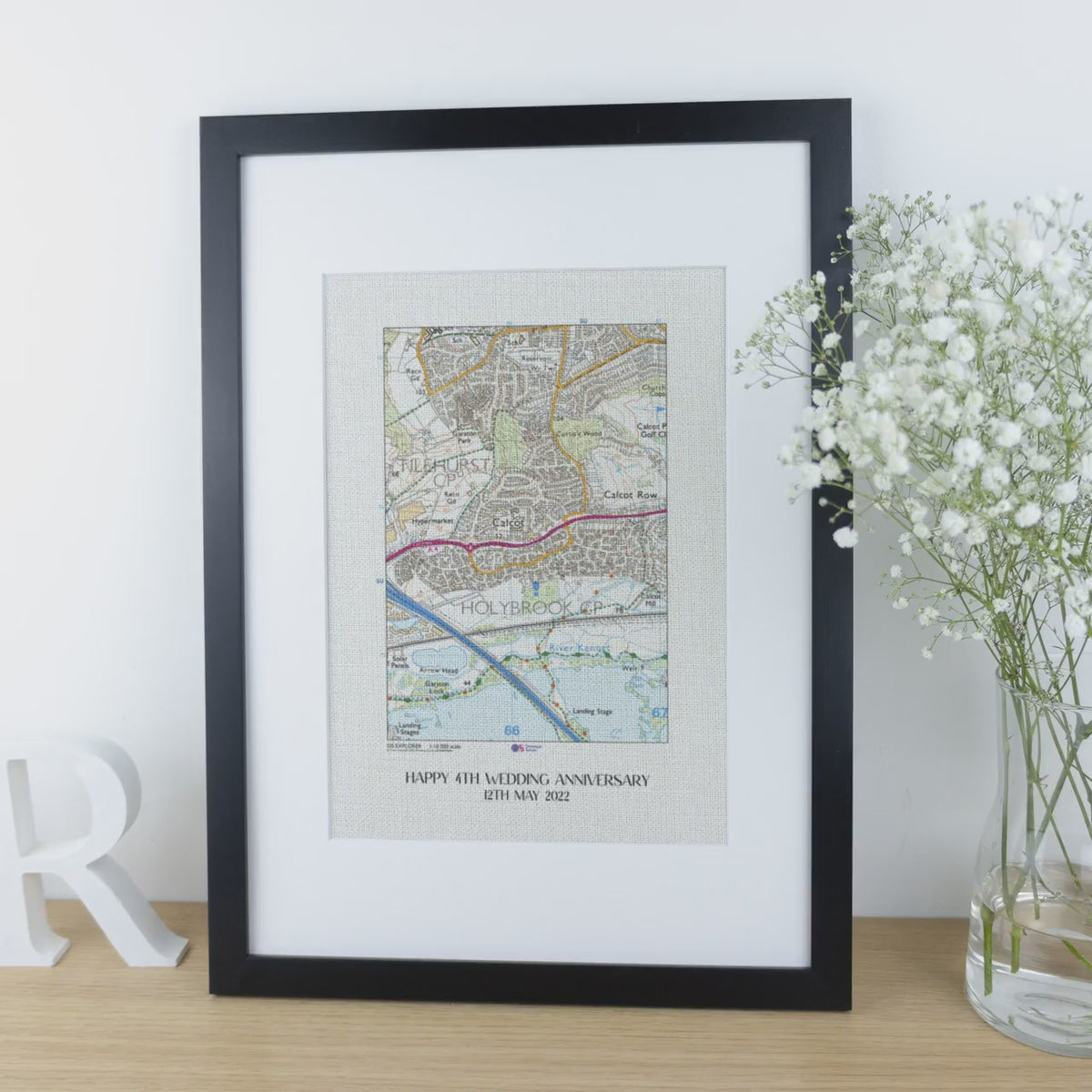OS Map Print on linen fabric framed for 4th or 12th wedding anniversary gift. Custom location